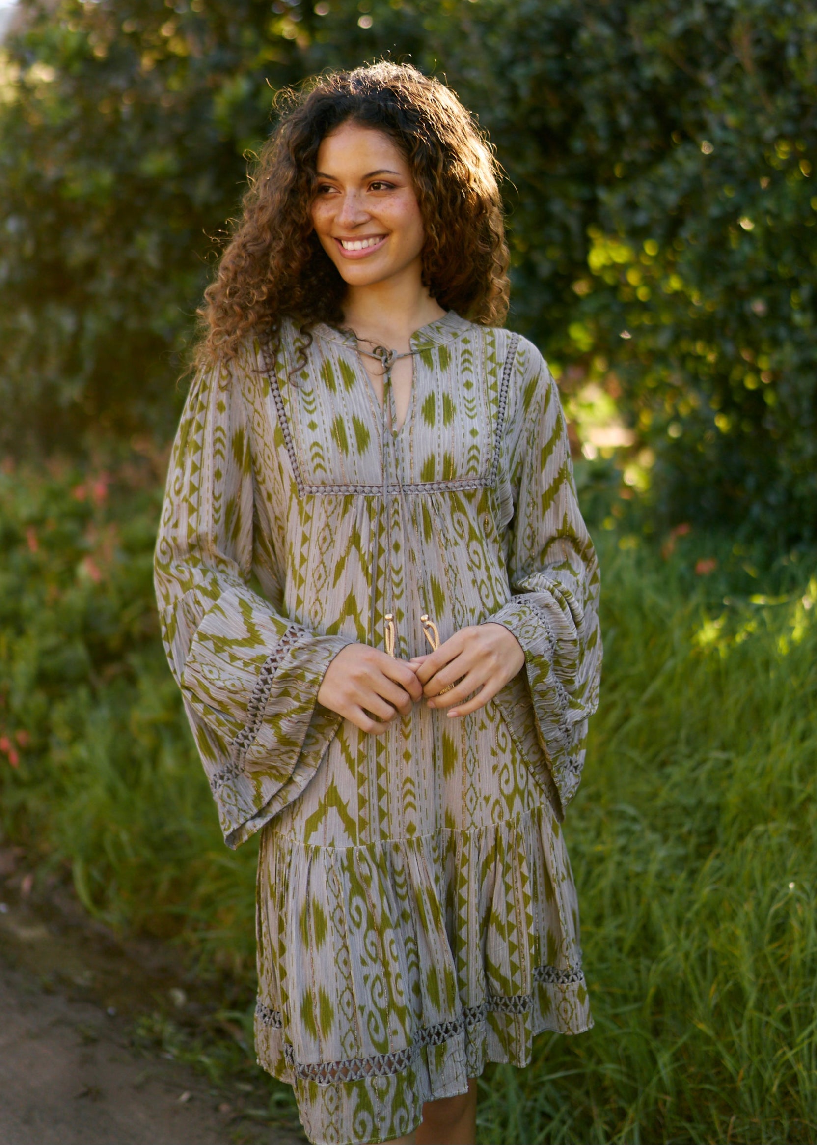 Phoebe Short Bohemian Dress with Tassels in Dark Green