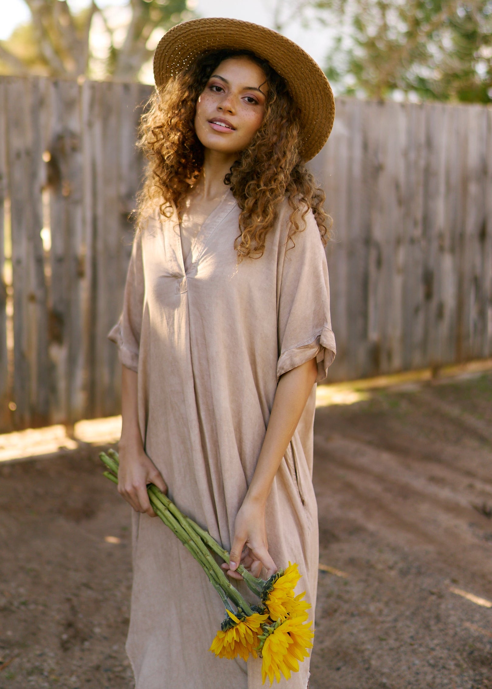 Linen Blend Bohemian Dress in Stonewashed Caramel