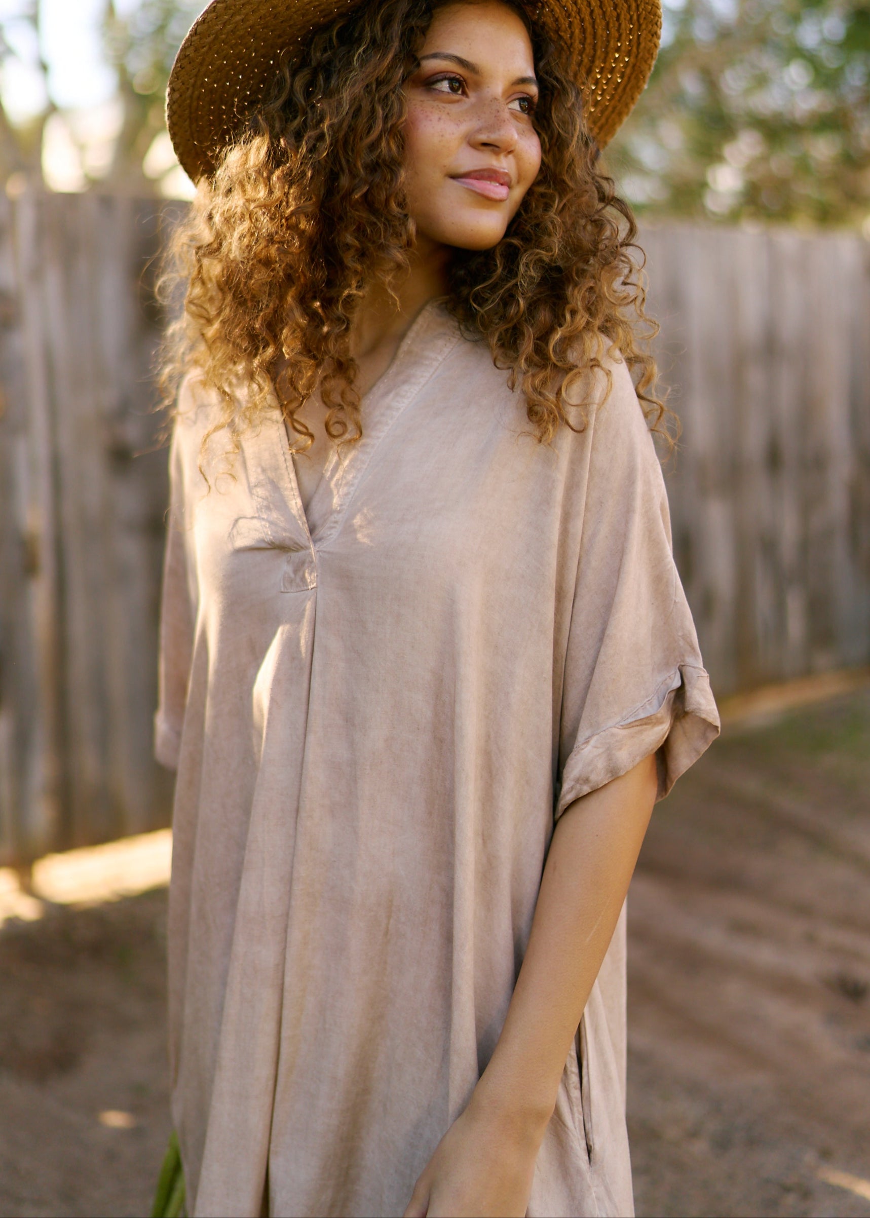 Linen Blend Bohemian Dress in Stonewashed Caramel