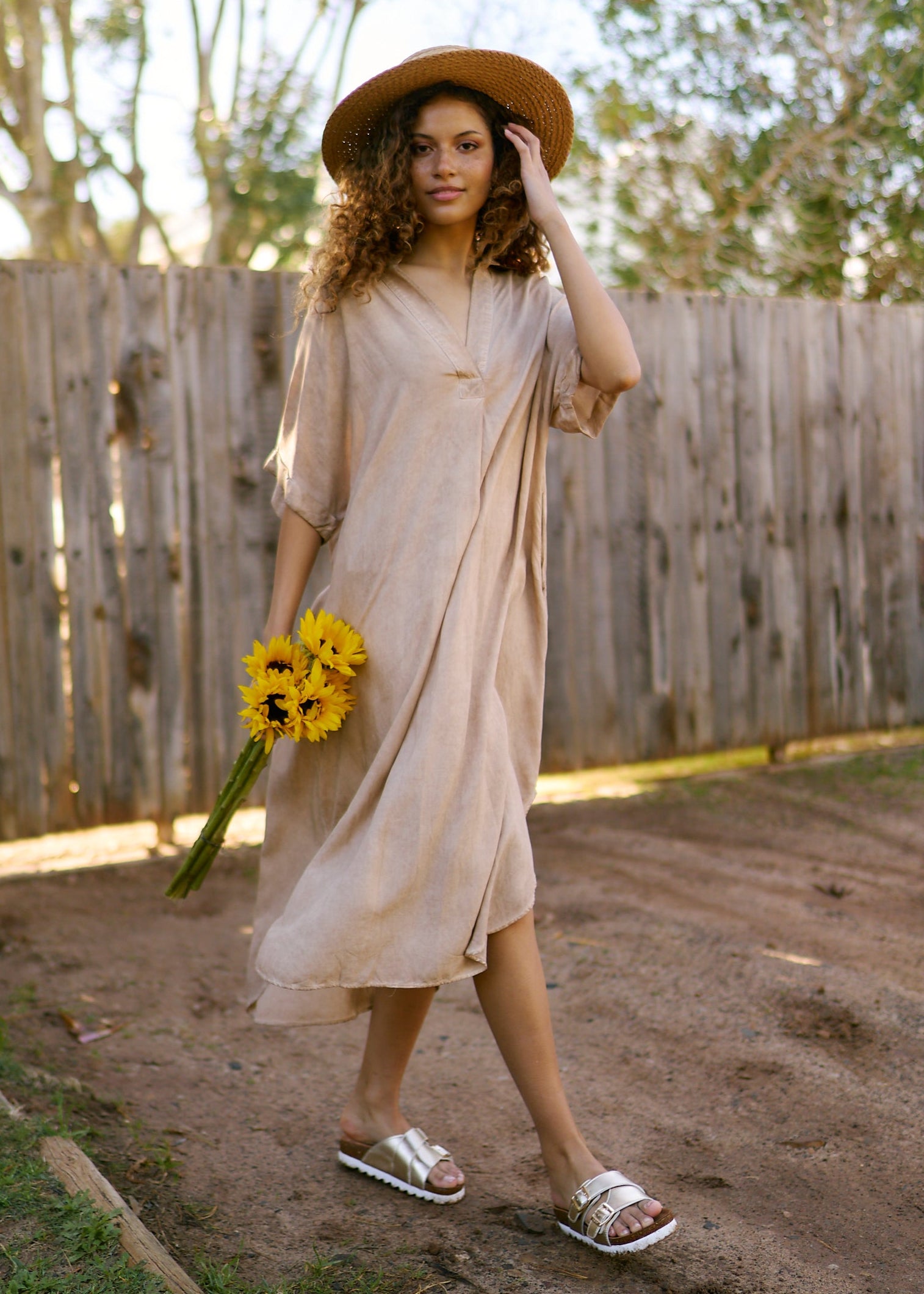 Linen Blend Bohemian Dress in Stonewashed Caramel