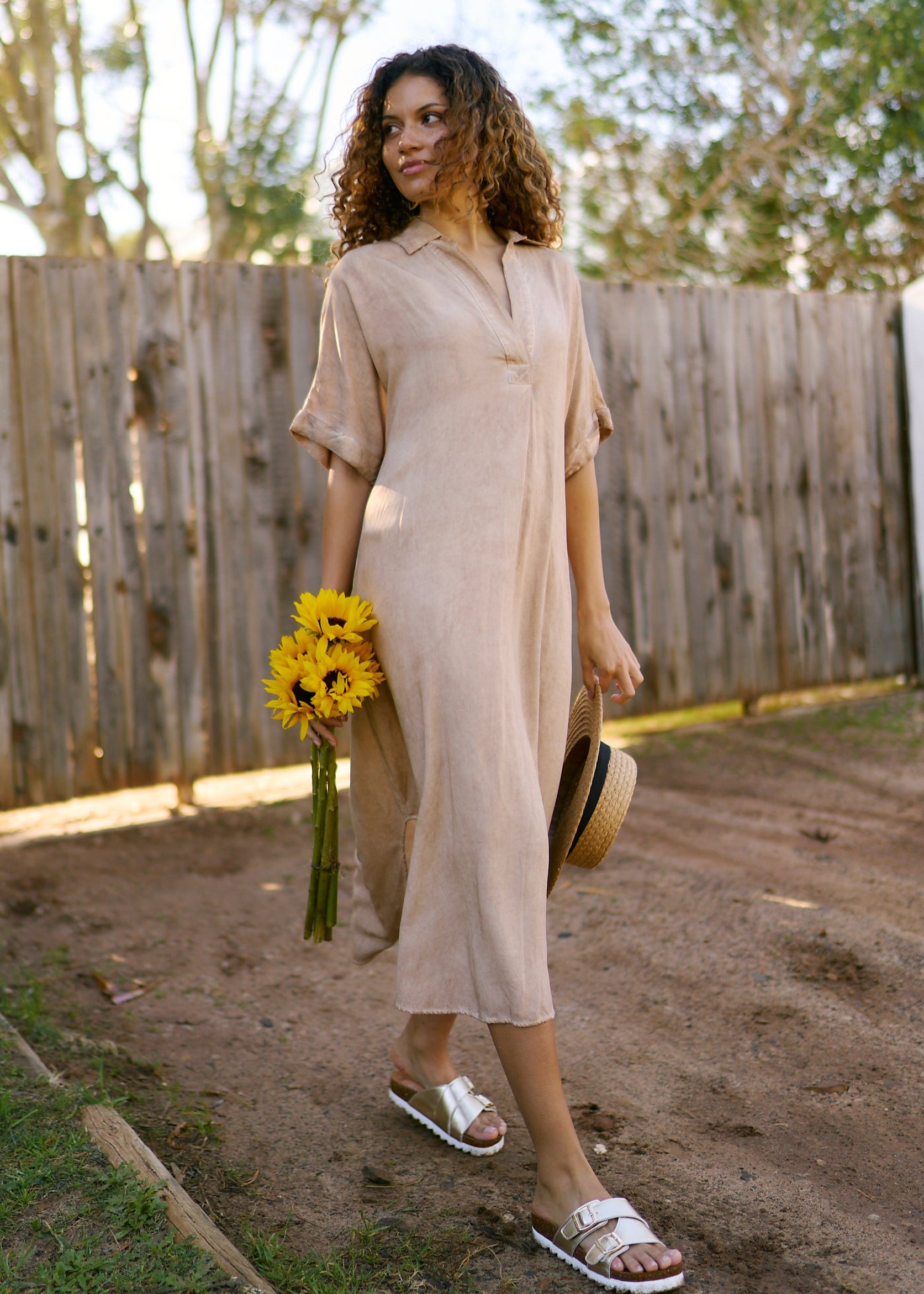 Linen Blend Bohemian Dress in Stonewashed Caramel