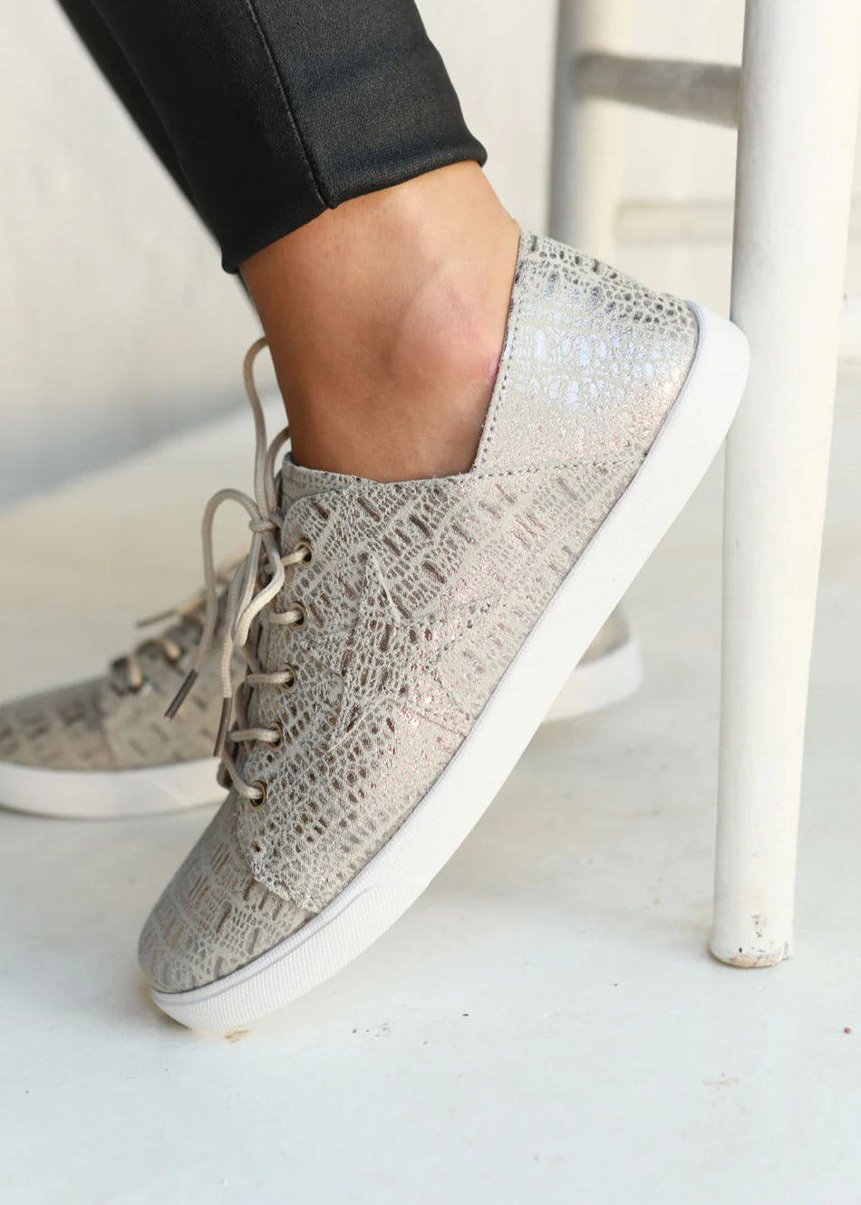 Vicki Snake Print Sneaker In Pewter