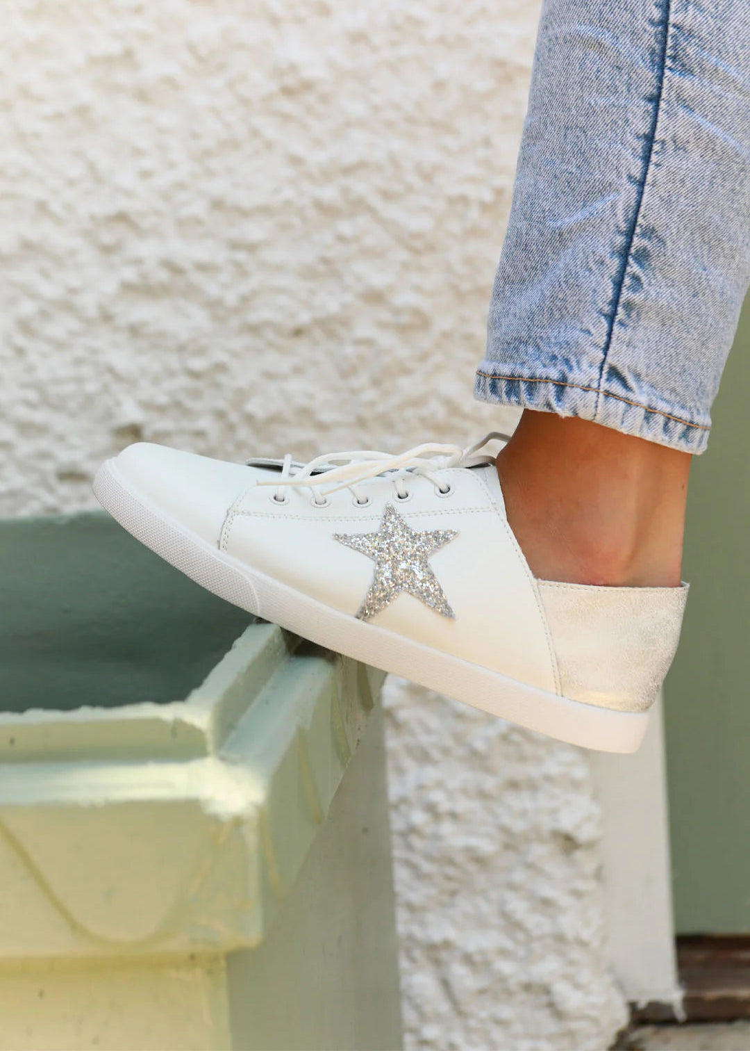 Nicki Leather Sneaker in White with Silver Glitter Star