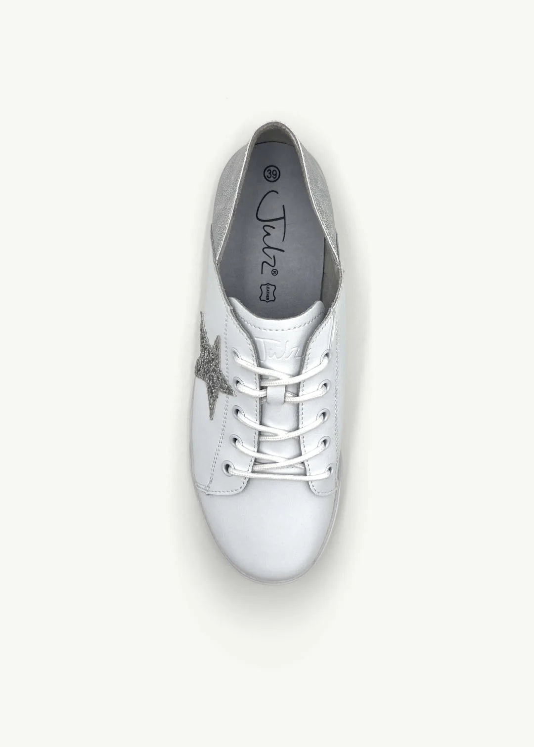 Nicki Leather Sneaker in White with Silver Glitter Star