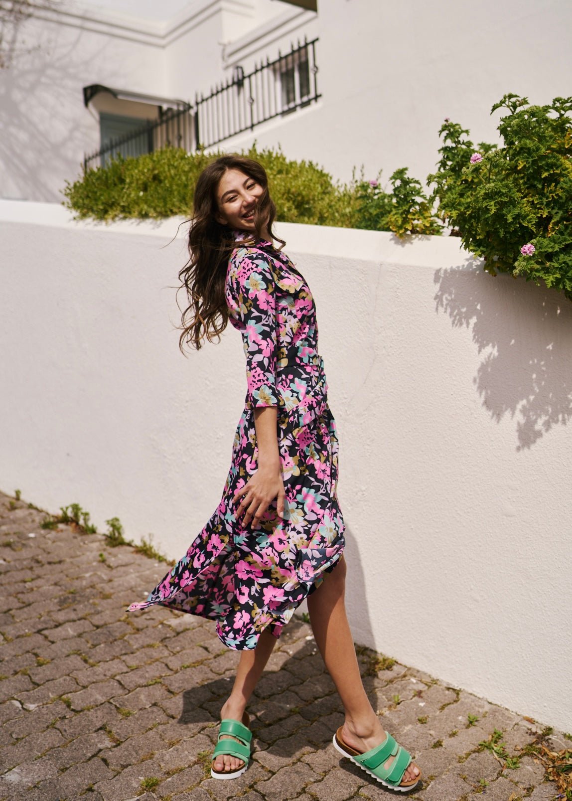 View our Button up Midi Shirt Dress With Pink Floral Print In Black - by Tribute Store