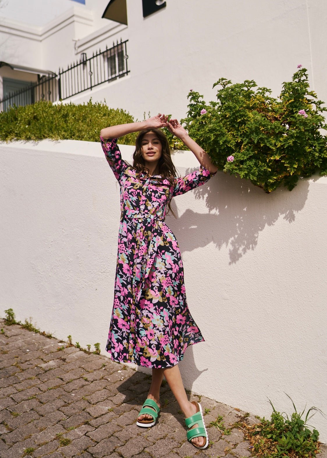 View our Button up Midi Shirt Dress With Pink Floral Print In Black - by Tribute Store