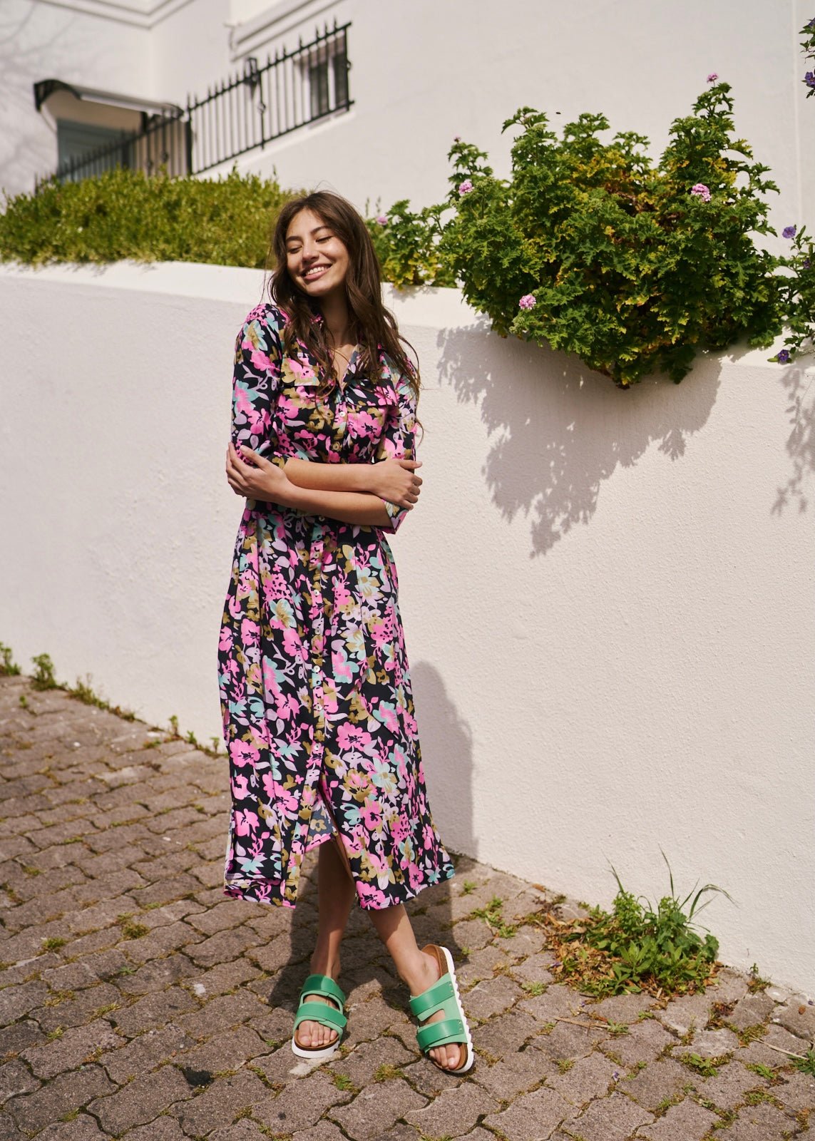 View our Button up Midi Shirt Dress With Pink Floral Print In Black - by Tribute Store