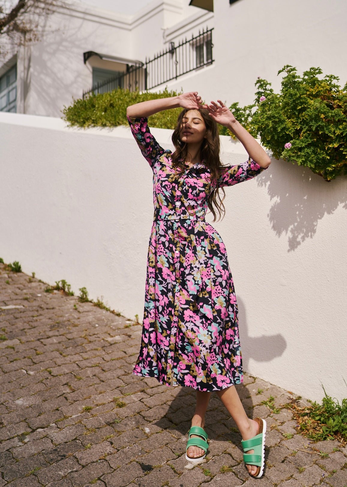 View our Button up Midi Shirt Dress With Pink Floral Print In Black - by Tribute Store