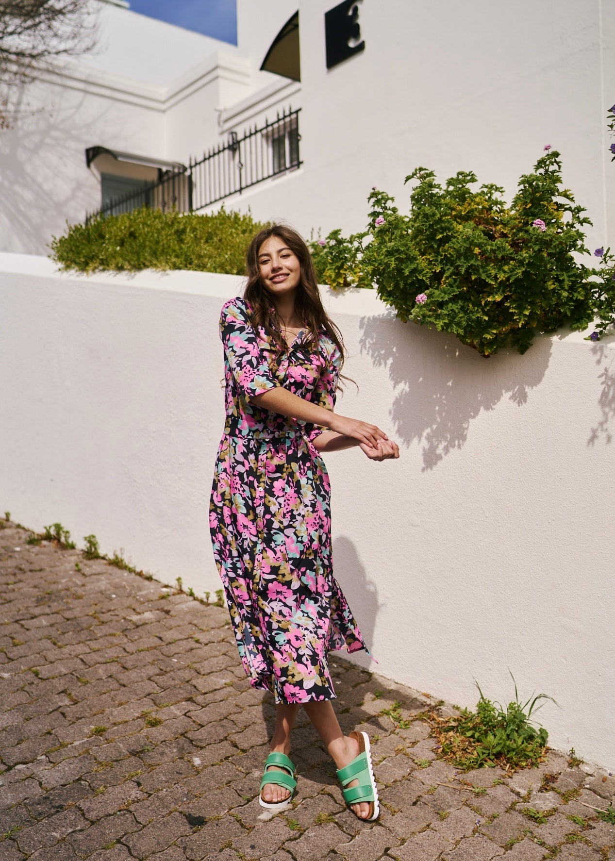 View our Button up Midi Shirt Dress With Pink Floral Print In Black - by Tribute Store