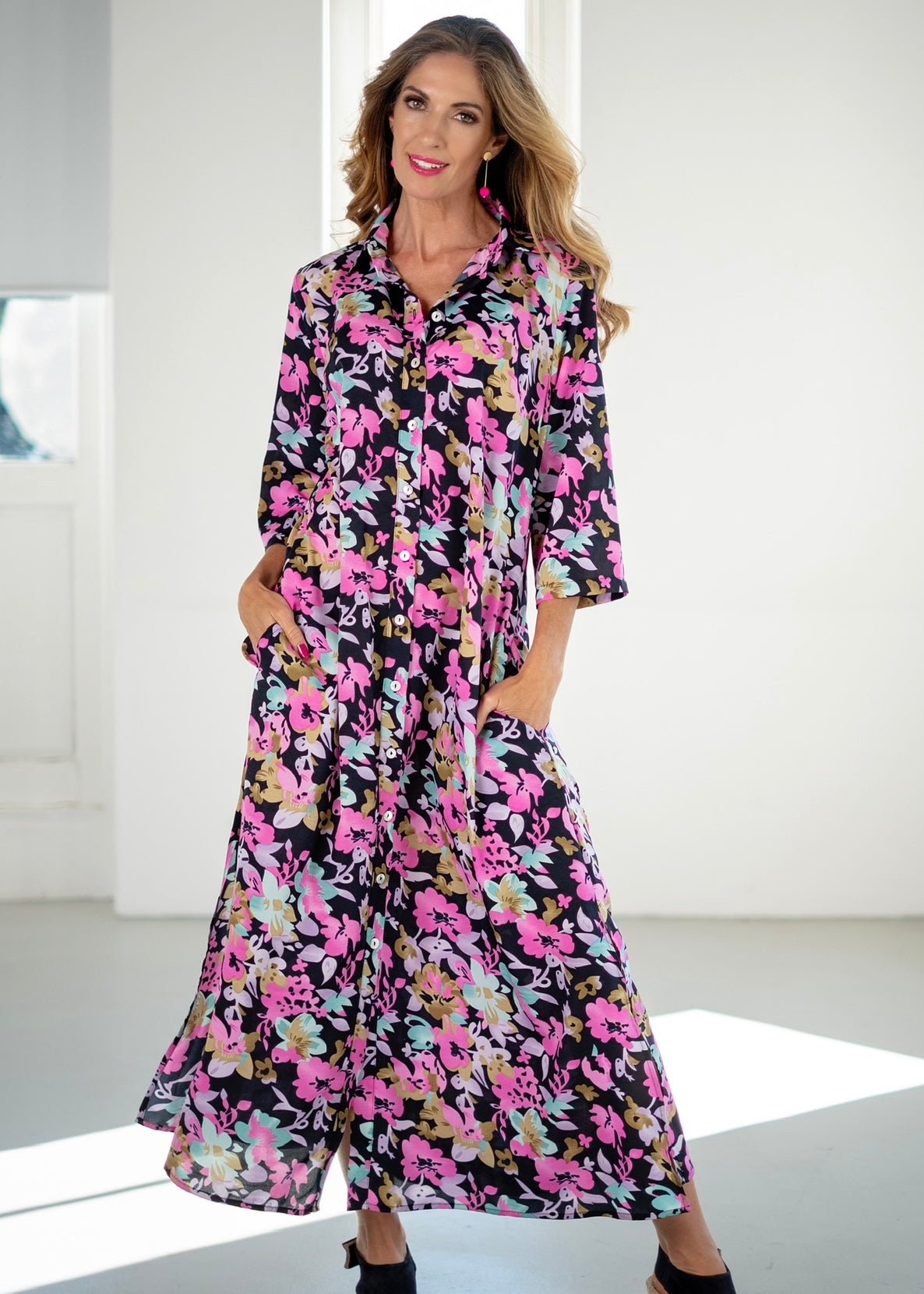 View our Button up Midi Shirt Dress With Pink Floral Print In Black - The ultimate DRESSES created by ICONIC and sold here, at Tribute Store