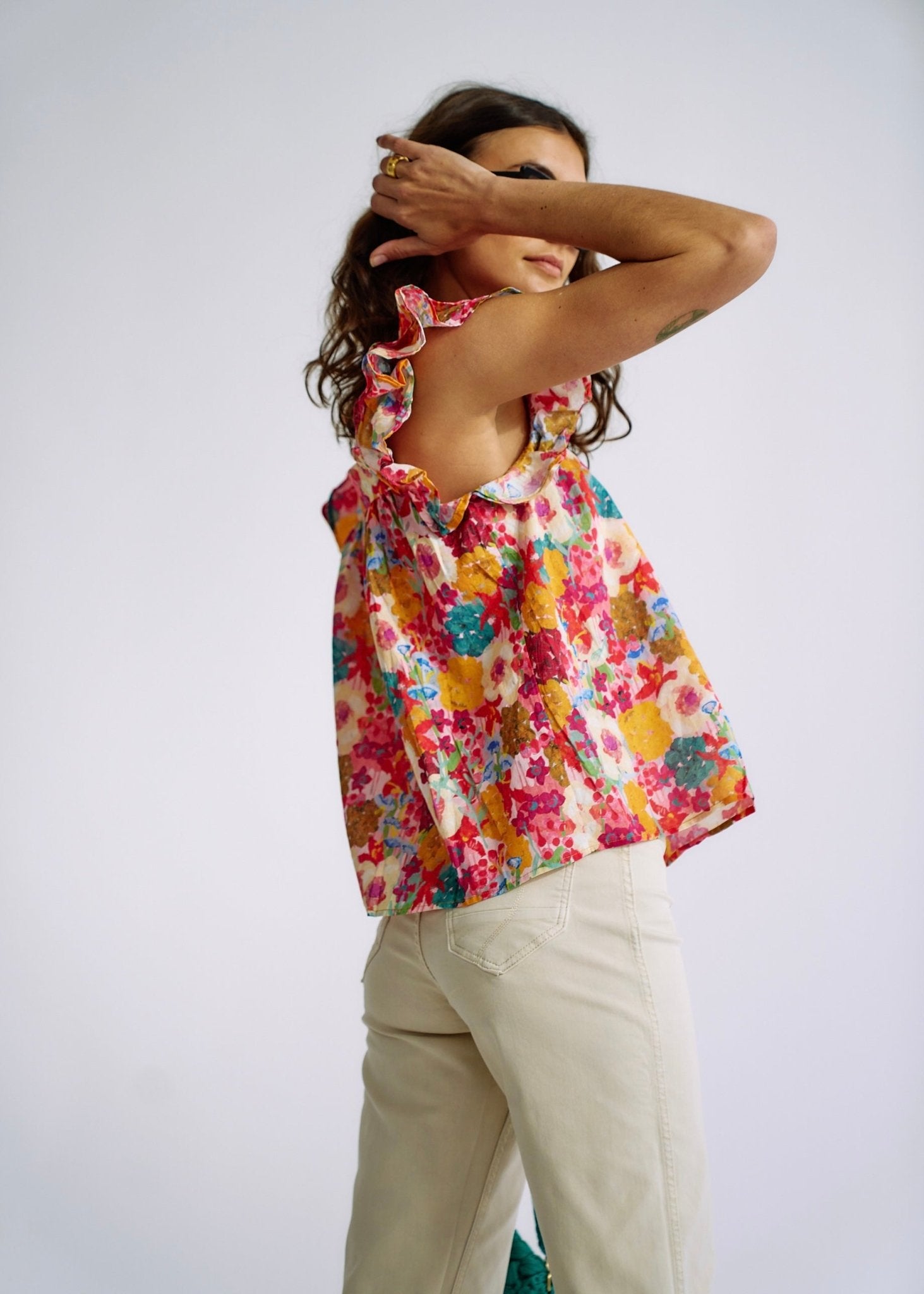 View our Cotton Frill Sleeved Blouse in Bright Summer Floral - The ultimate TOPS created by TRIBUTE and sold here, at Tribute Store