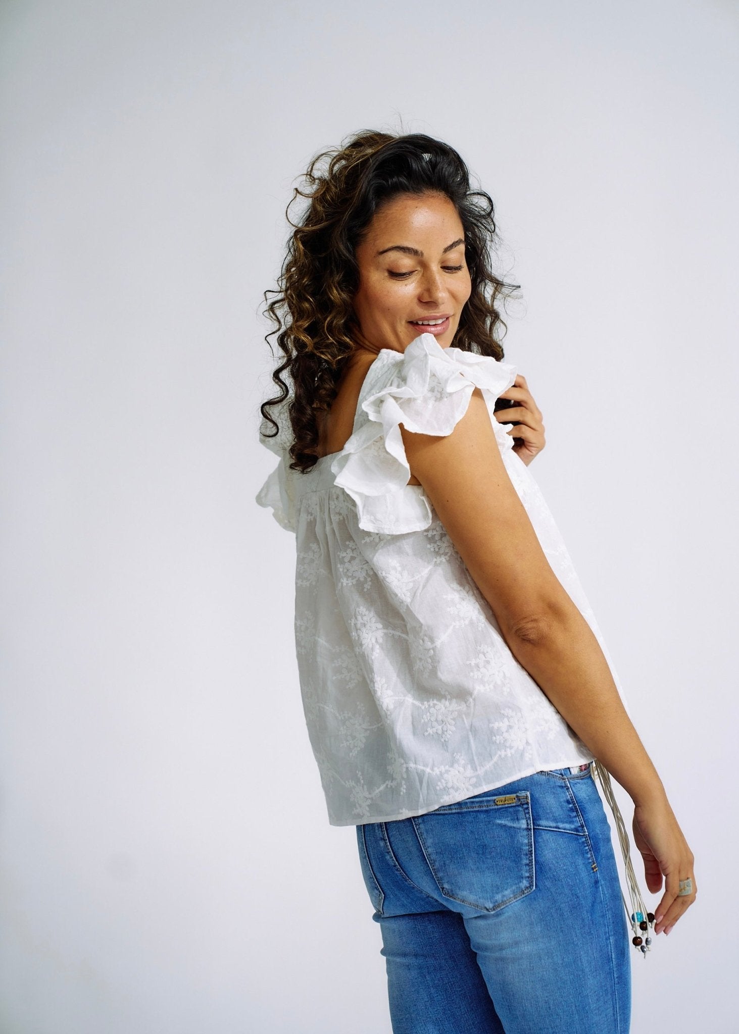 View our Cotton Frill Sleeved Blouse with Floral Embroidery in White - by Tribute Store