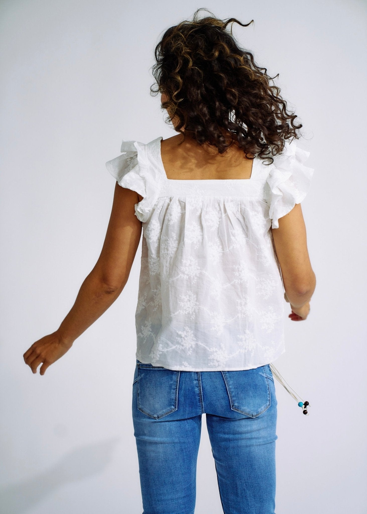 View our Cotton Frill Sleeved Blouse with Floral Embroidery in White - by Tribute Store