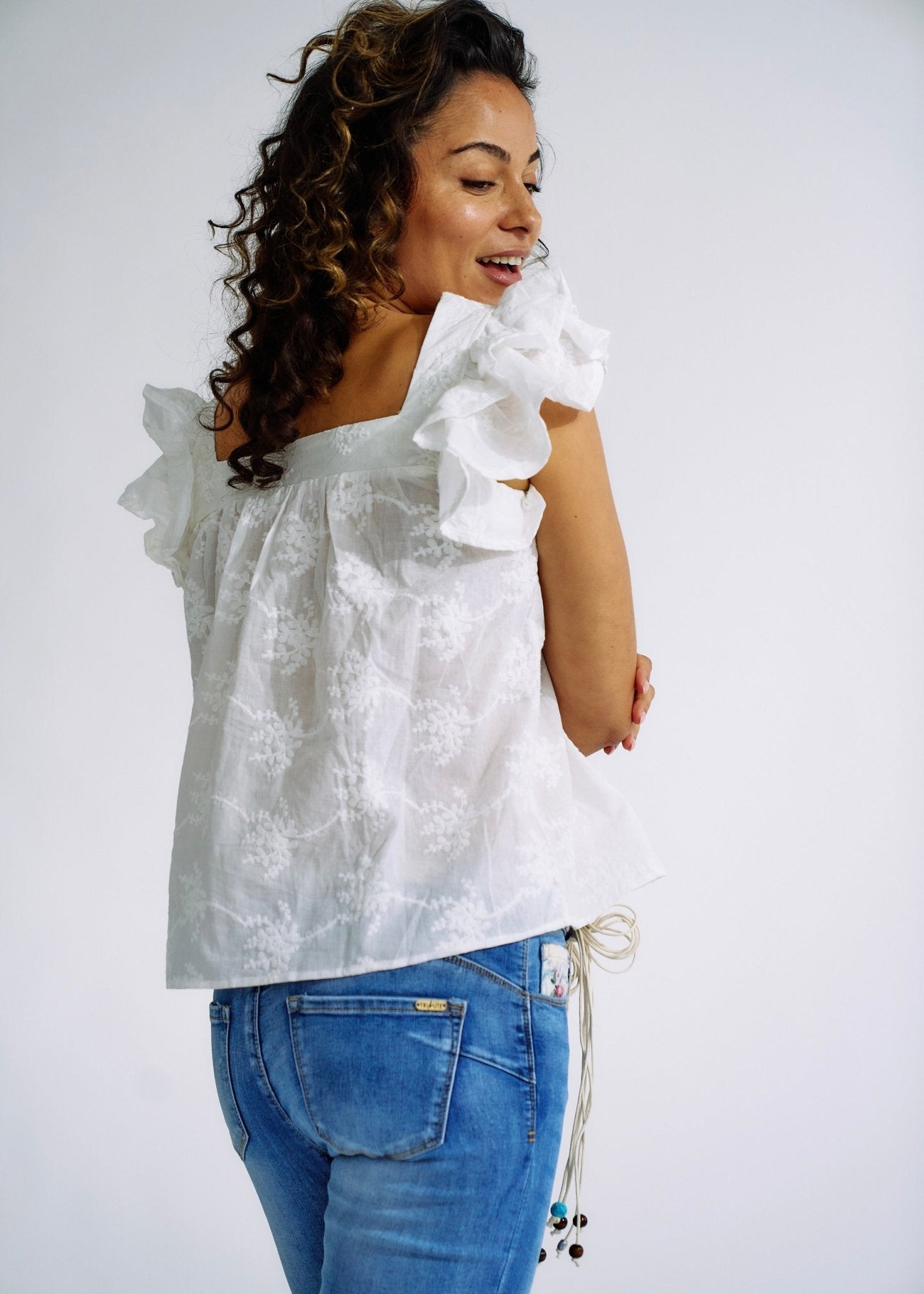View our Cotton Frill Sleeved Blouse with Floral Embroidery in White - by Tribute Store