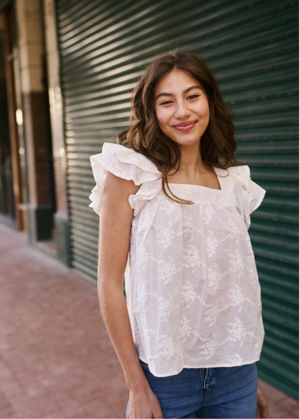 View our Cotton Frill Sleeved Blouse with Floral Embroidery in White - by Tribute Store