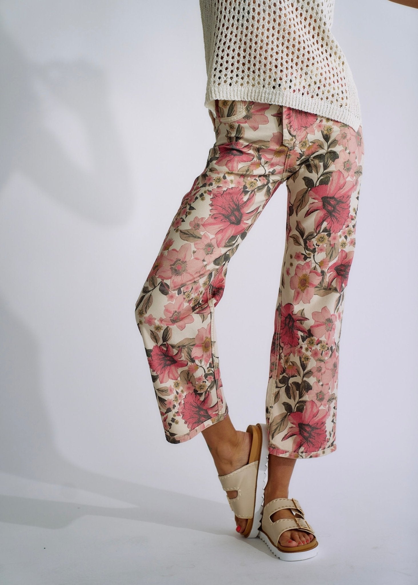View our Flared and Cropped Reversible Jeans with Summer Print in Beige - The ultimate BOTTOMS created by TRIBUTE and sold here, at Tribute Store
