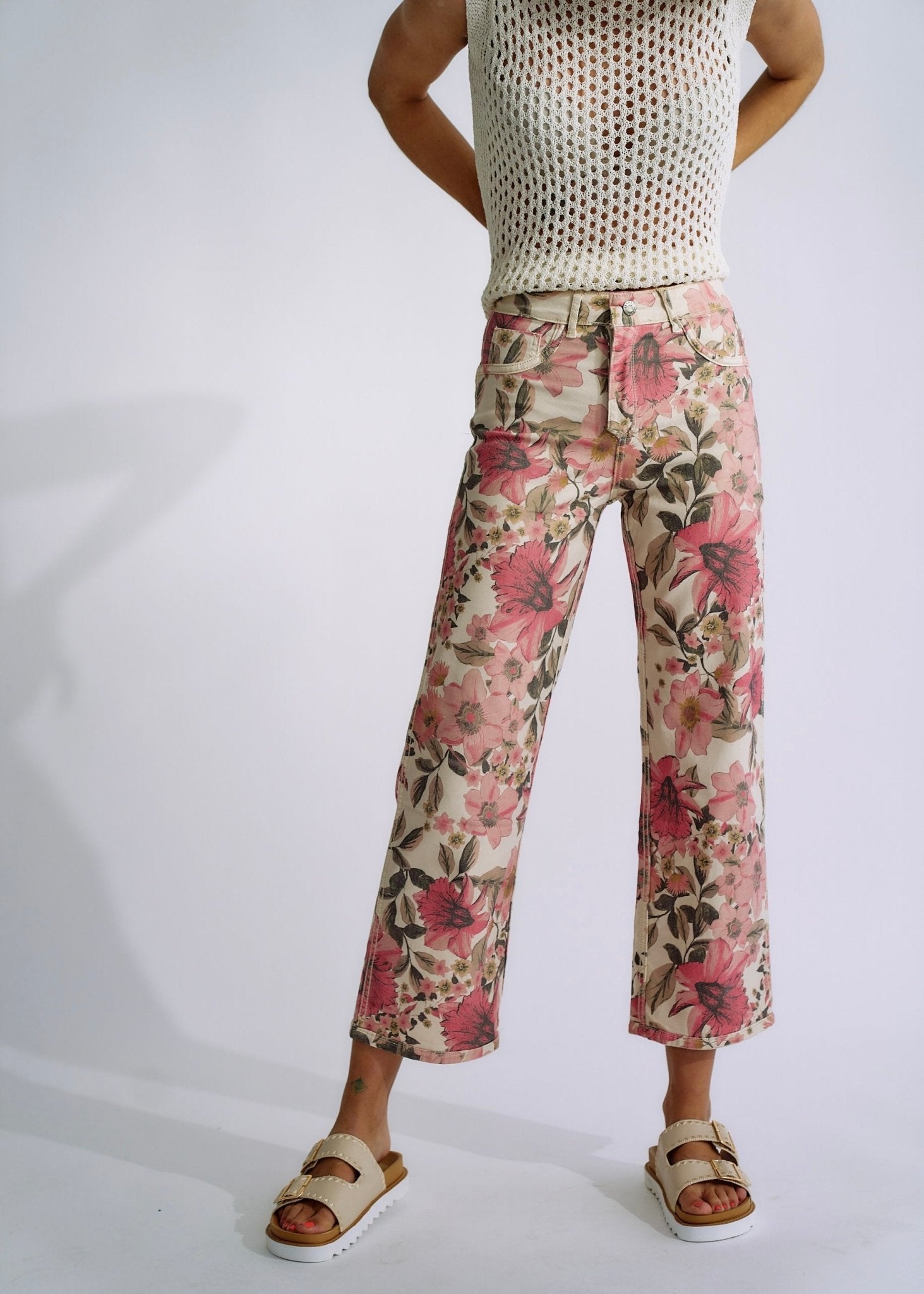View our Flared and Cropped Reversible Jeans with Summer Print in Beige - The ultimate BOTTOMS created by TRIBUTE and sold here, at Tribute Store