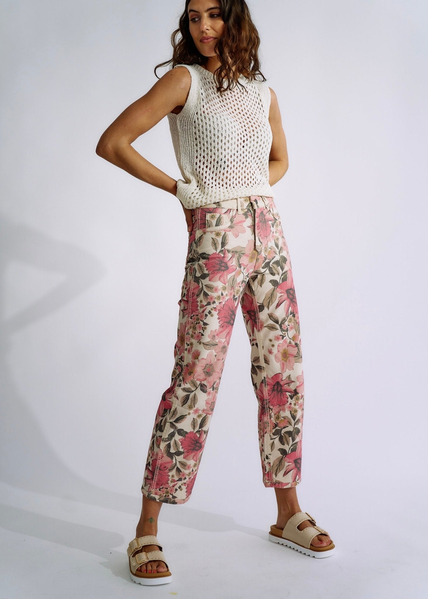 View our Flared and Cropped Reversible Jeans with Summer Print in Beige - The ultimate BOTTOMS created by TRIBUTE and sold here, at Tribute Store
