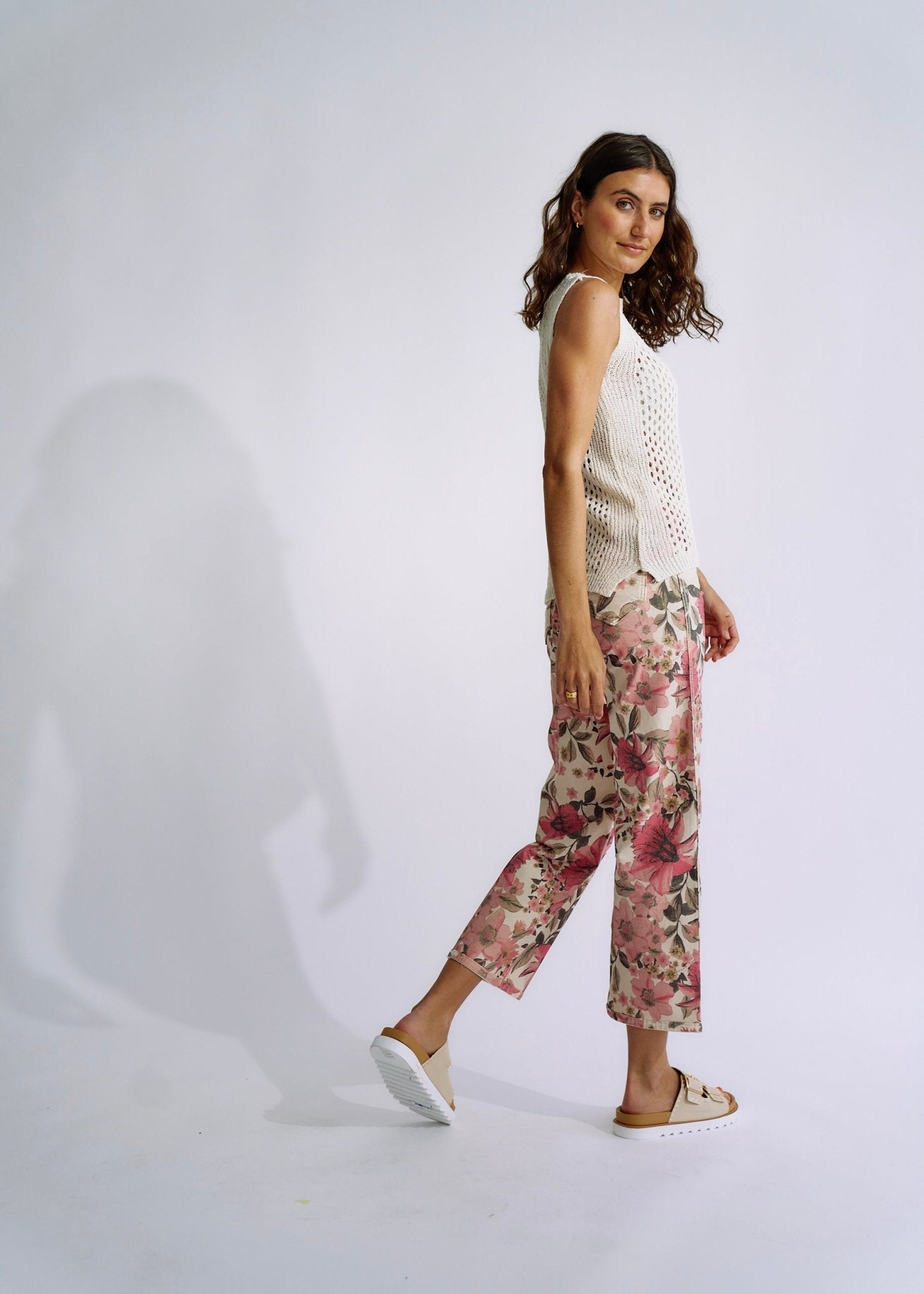 View our Flared and Cropped Reversible Jeans with Summer Print in Beige - The ultimate BOTTOMS created by TRIBUTE and sold here, at Tribute Store