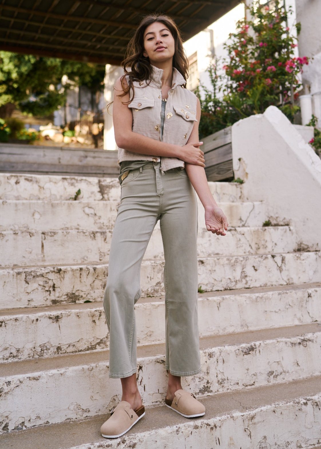 View our Flared and Cropped Reversible Jeans with Summer Print in Khaki - The ultimate BOTTOMS created by TRIBUTE and sold here, at Tribute Store
