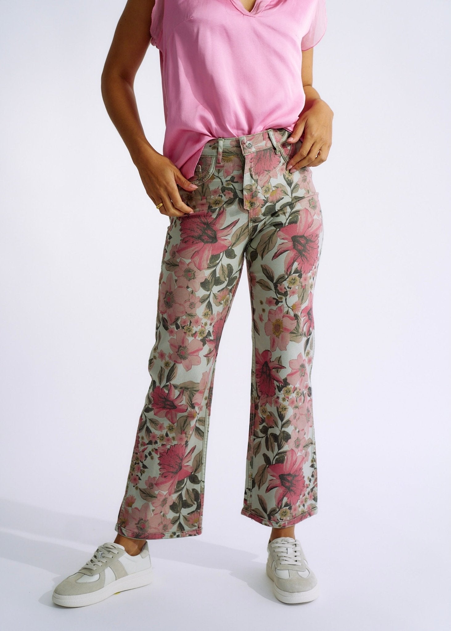 View our Flared and Cropped Reversible Jeans with Summer Print in Khaki - The ultimate BOTTOMS created by TRIBUTE and sold here, at Tribute Store