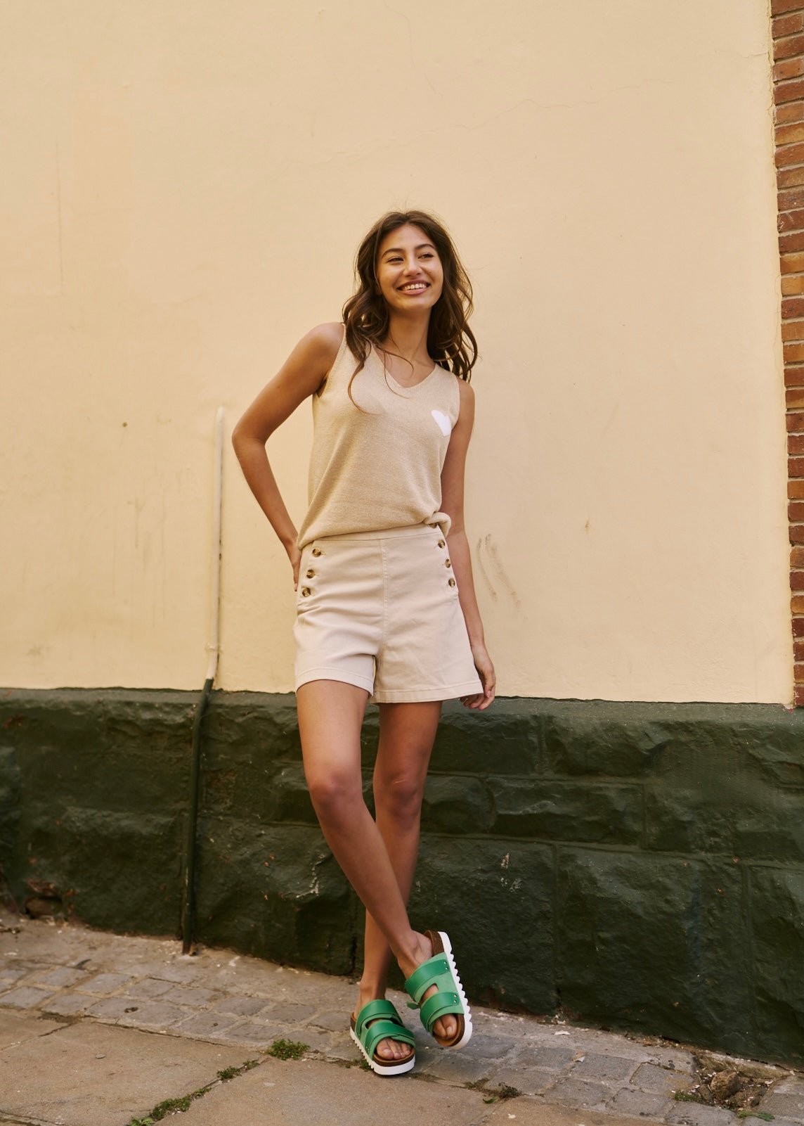 View our High Waisted Denim Shorts with Button Detail in Beige - by Tribute Store