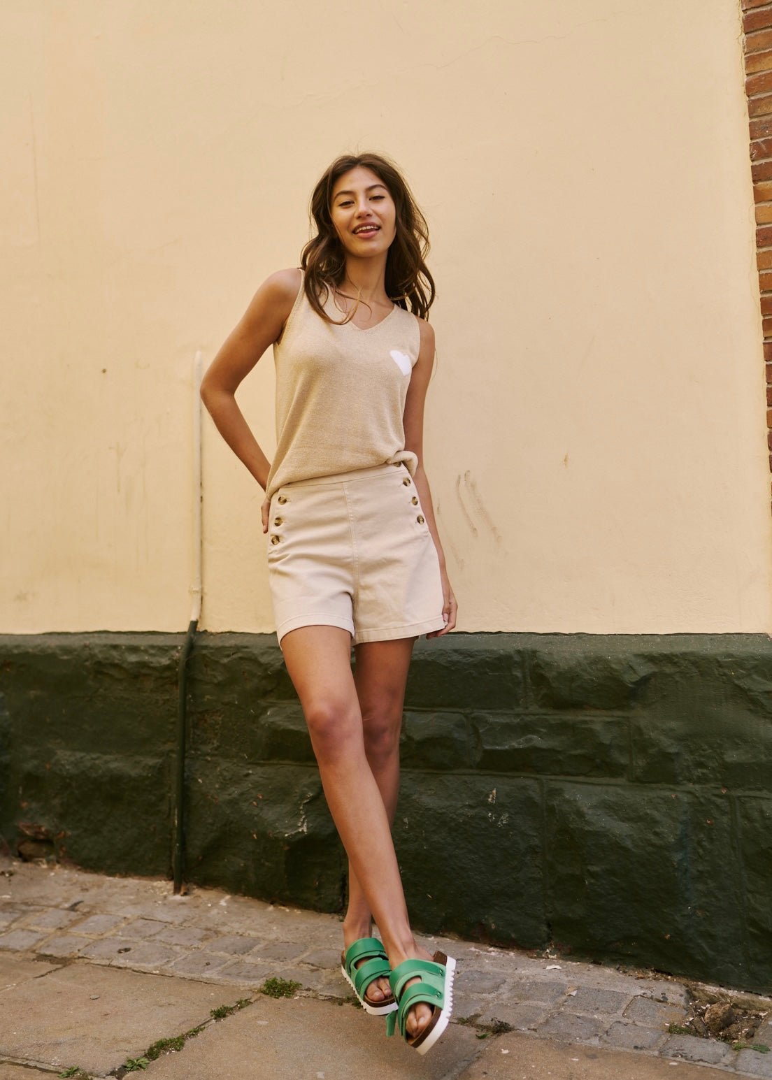 View our High Waisted Denim Shorts with Button Detail in Beige - by Tribute Store