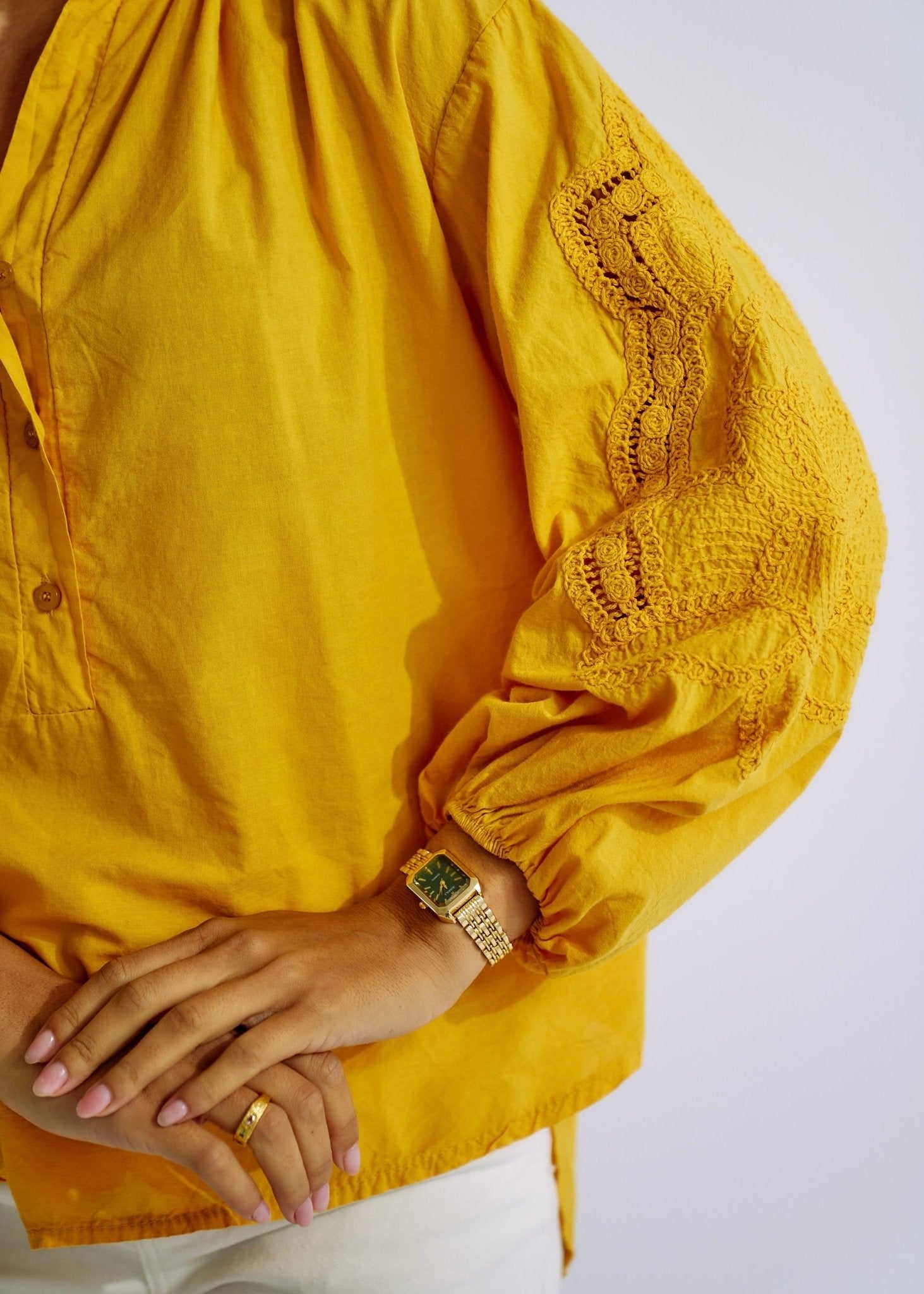 View our Italian Cotton Blouse with Embroidered Sleeves in Mustard - The ultimate TOPS created by TRIBUTE and sold here, at Tribute Store