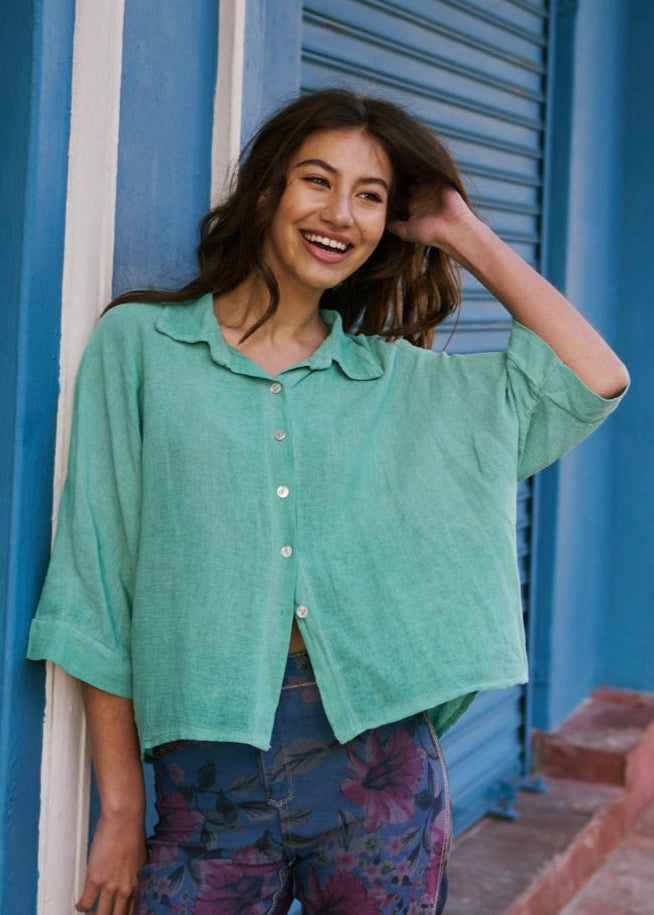 View our Italian Cotton Button up Shirt in Green - The ultimate TOPS created by TRIBUTE and sold here, at Tribute Store