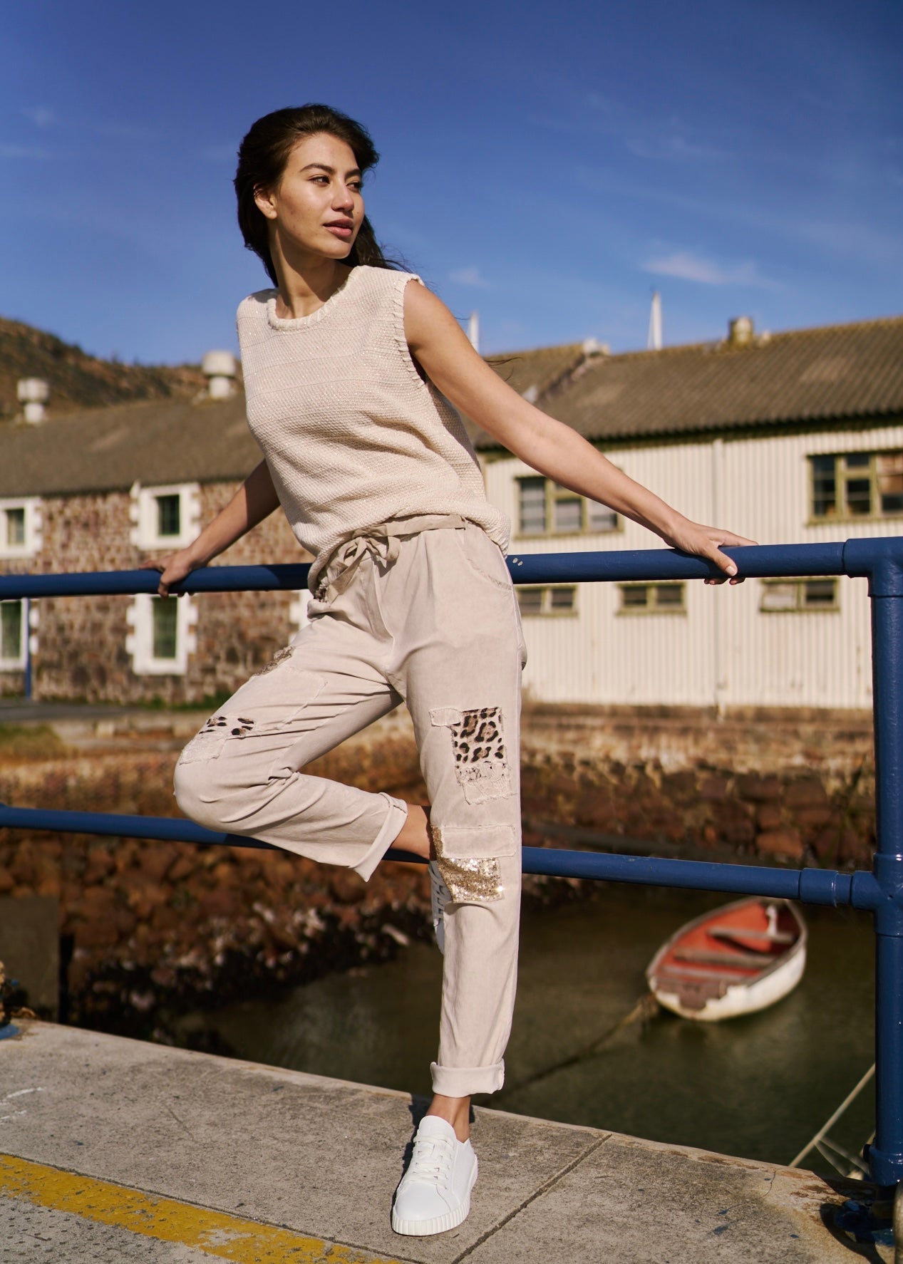 View our Italian Jogger with Shimmer and Leopard detail in Beige - The ultimate BOTTOMS created by TRIBUTE and sold here, at Tribute Store