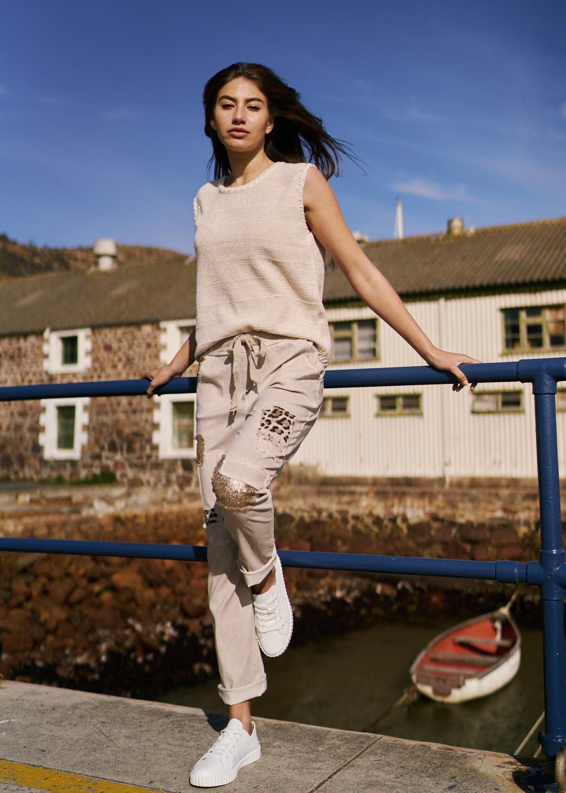 View our Italian Jogger with Shimmer and Leopard detail in Beige - The ultimate BOTTOMS created by TRIBUTE and sold here, at Tribute Store