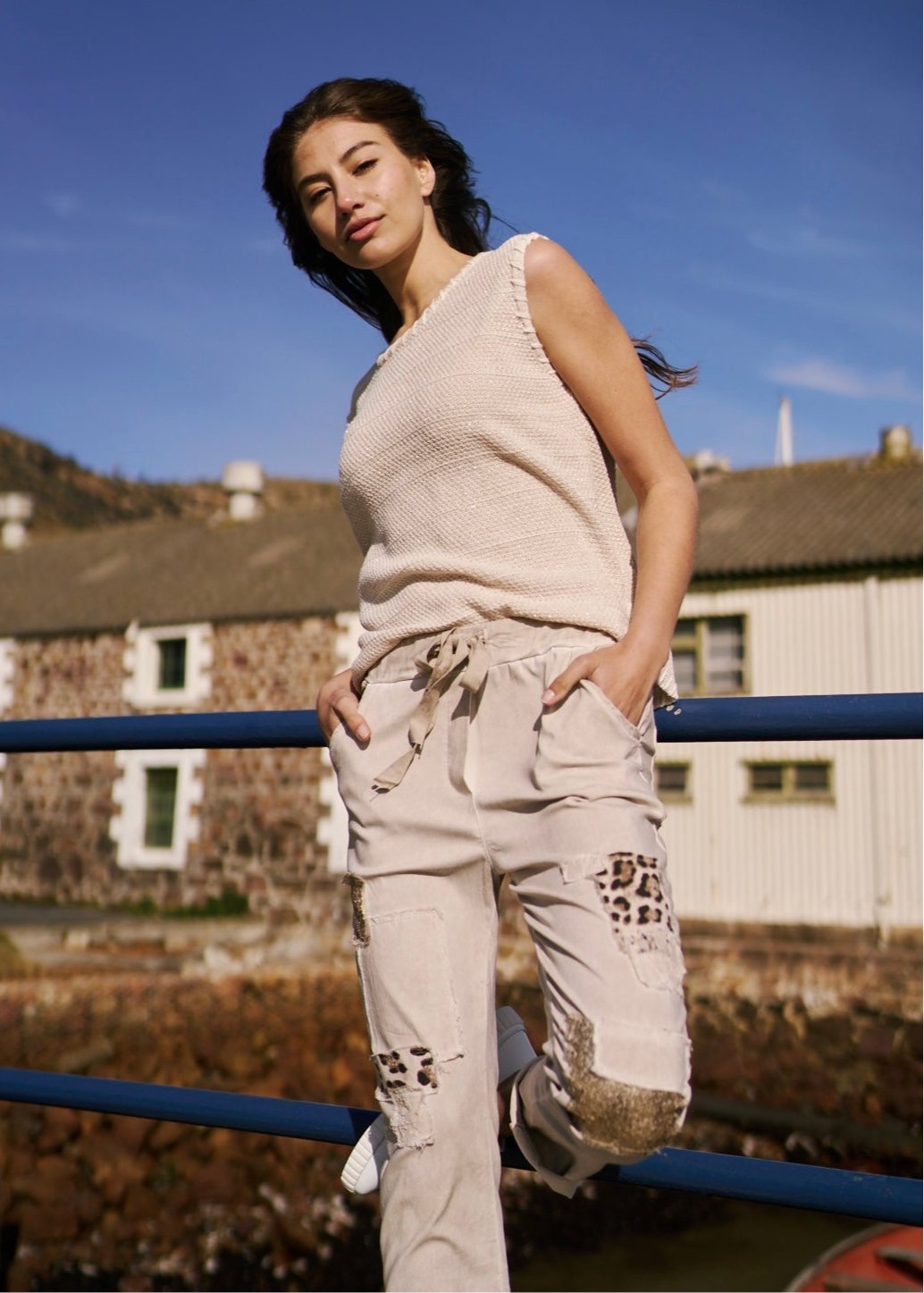 View our Italian Jogger with Shimmer and Leopard detail in Beige - The ultimate BOTTOMS created by TRIBUTE and sold here, at Tribute Store