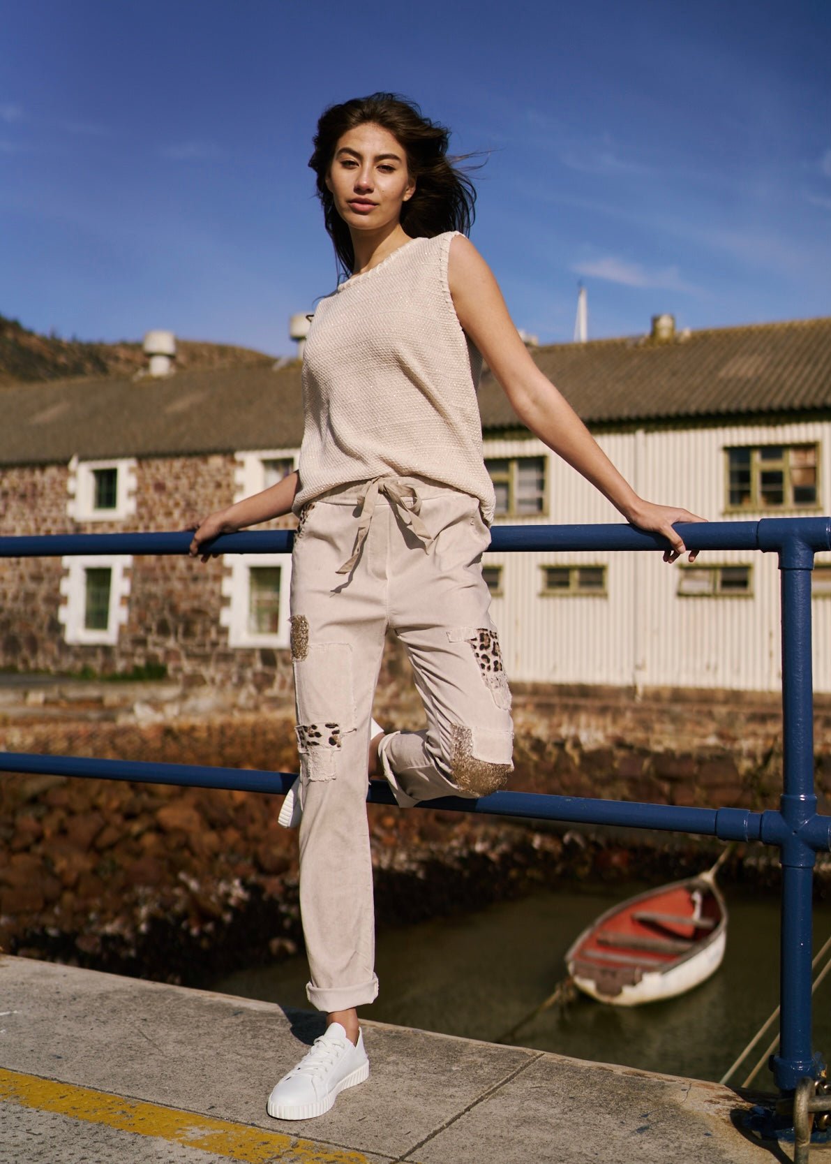 View our Italian Jogger with Shimmer and Leopard detail in Beige - The ultimate BOTTOMS created by TRIBUTE and sold here, at Tribute Store