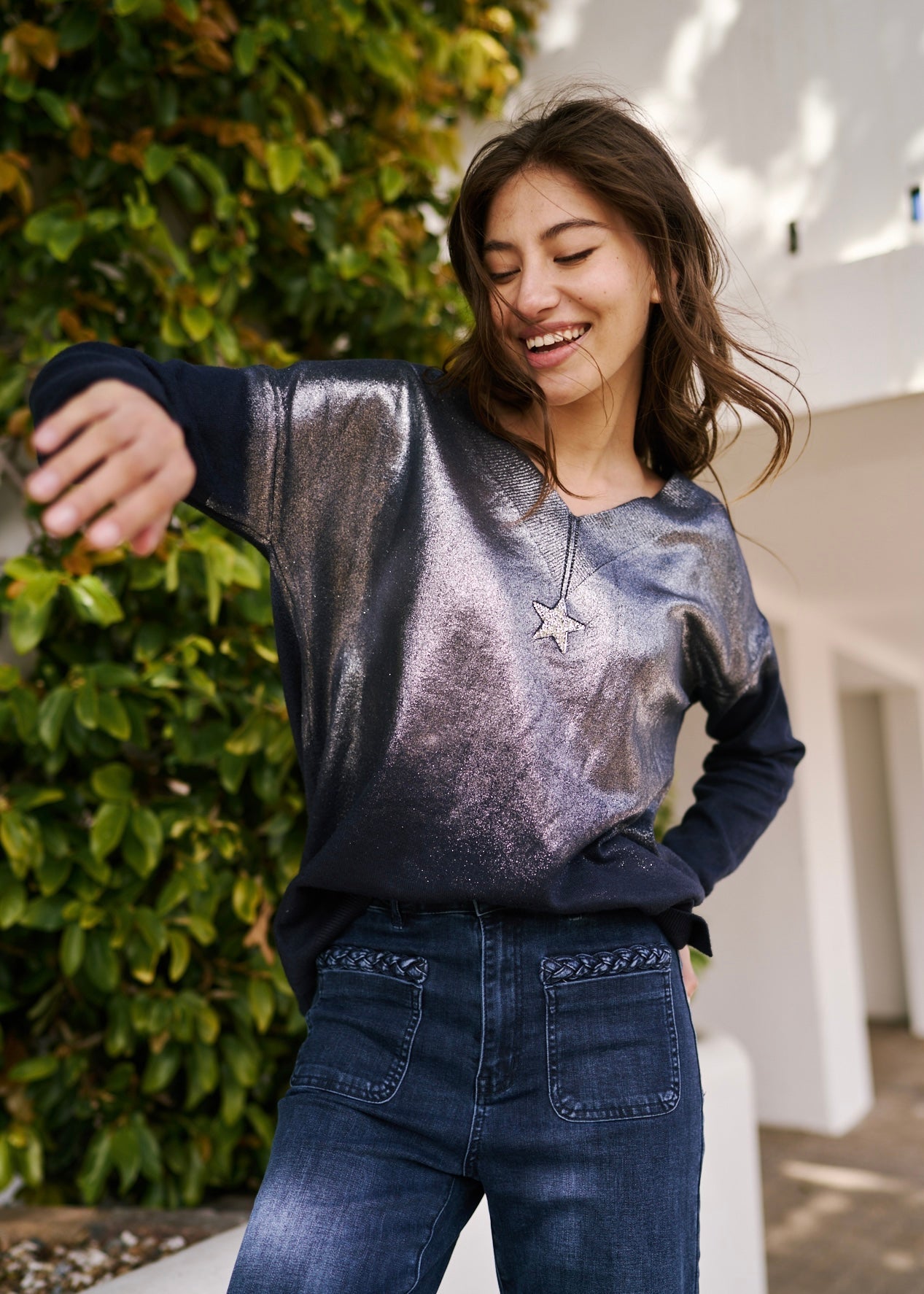 View our Italian Oversized Jumper with Shimmer Star In Blue Marine - The ultimate TOPS created by TRIBUTE and sold here, at Tribute Store