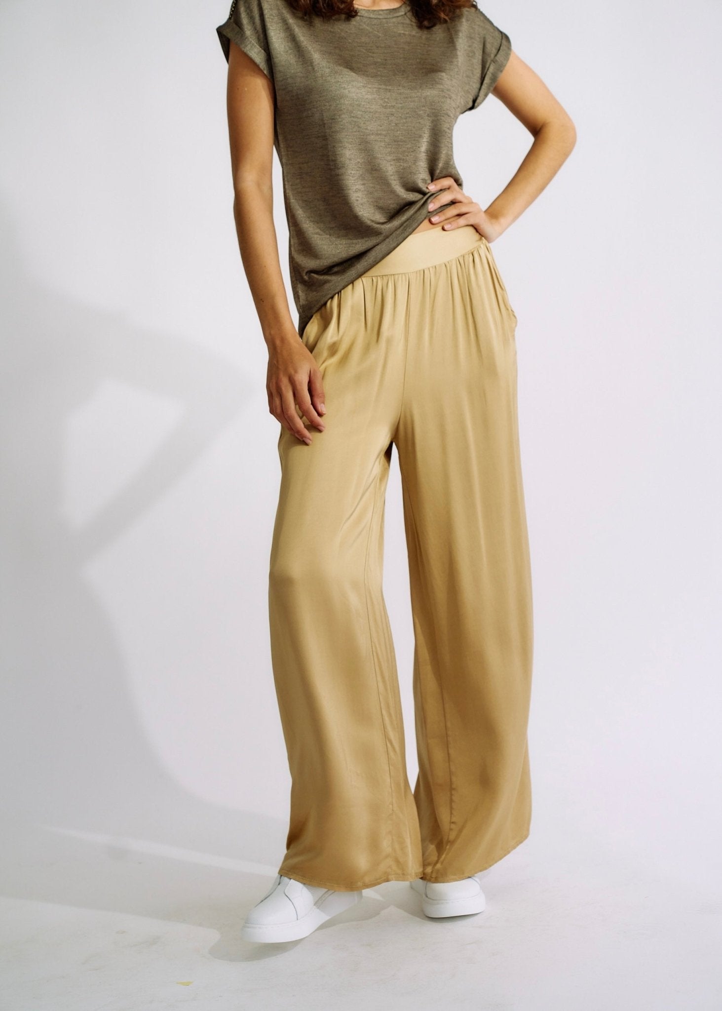 View our Italian Satin Palazzo Pants Caramel - The ultimate BOTTOMS created by TRIBUTE and sold here, at Tribute Store