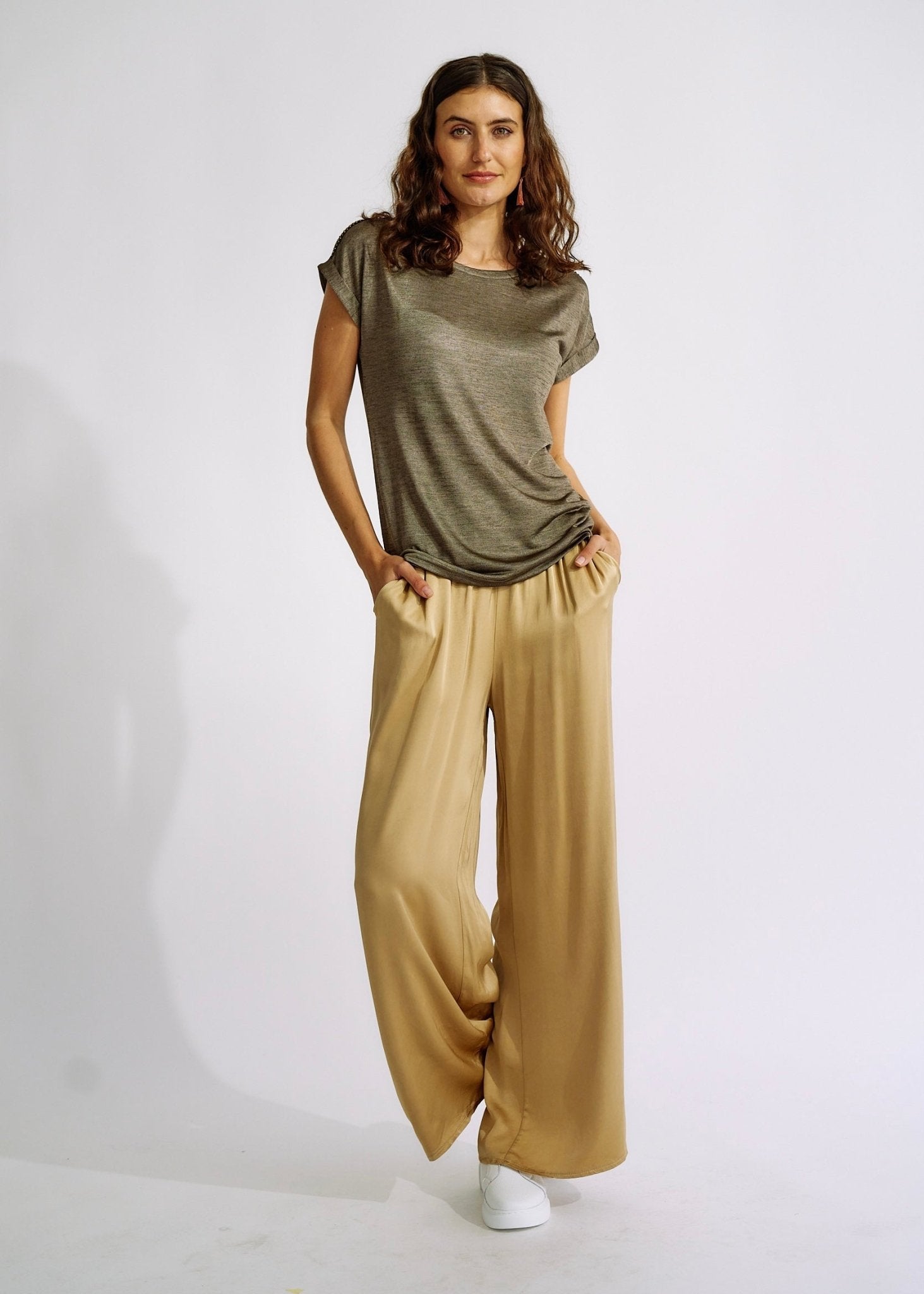 View our Italian Satin Palazzo Pants Caramel - The ultimate BOTTOMS created by TRIBUTE and sold here, at Tribute Store