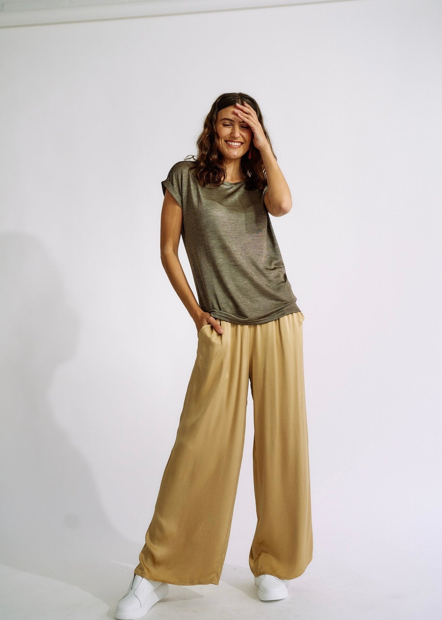 View our Italian Satin Palazzo Pants Caramel - The ultimate BOTTOMS created by TRIBUTE and sold here, at Tribute Store