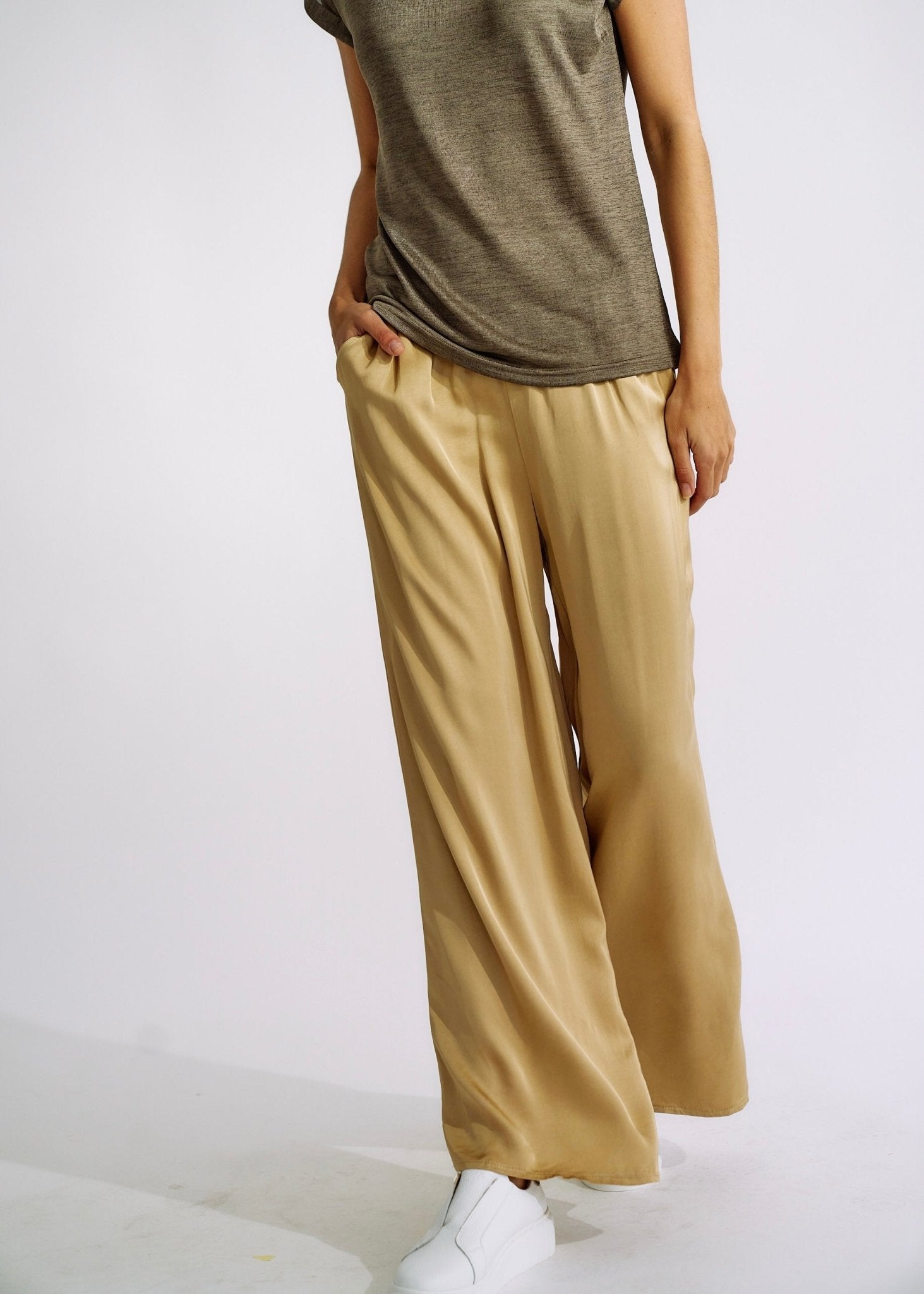 View our Italian Satin Palazzo Pants Caramel - The ultimate BOTTOMS created by TRIBUTE and sold here, at Tribute Store