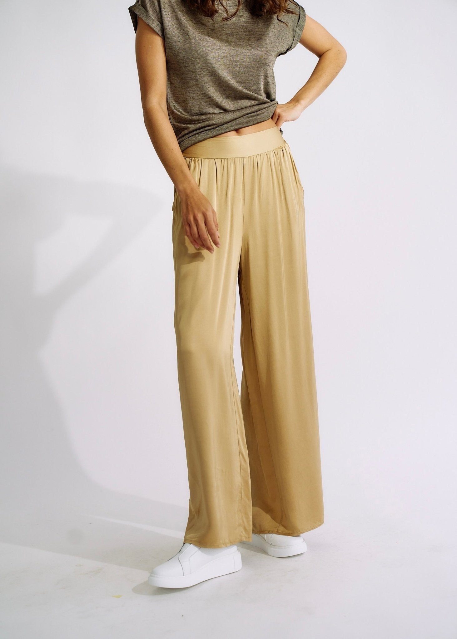 View our Italian Satin Palazzo Pants Caramel - The ultimate BOTTOMS created by TRIBUTE and sold here, at Tribute Store
