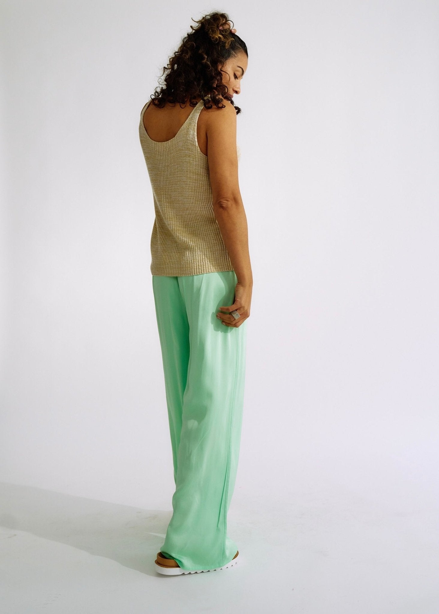 View our Italian Satin Palazzo Pants Green - The ultimate BOTTOMS created by TRIBUTE and sold here, at Tribute Store