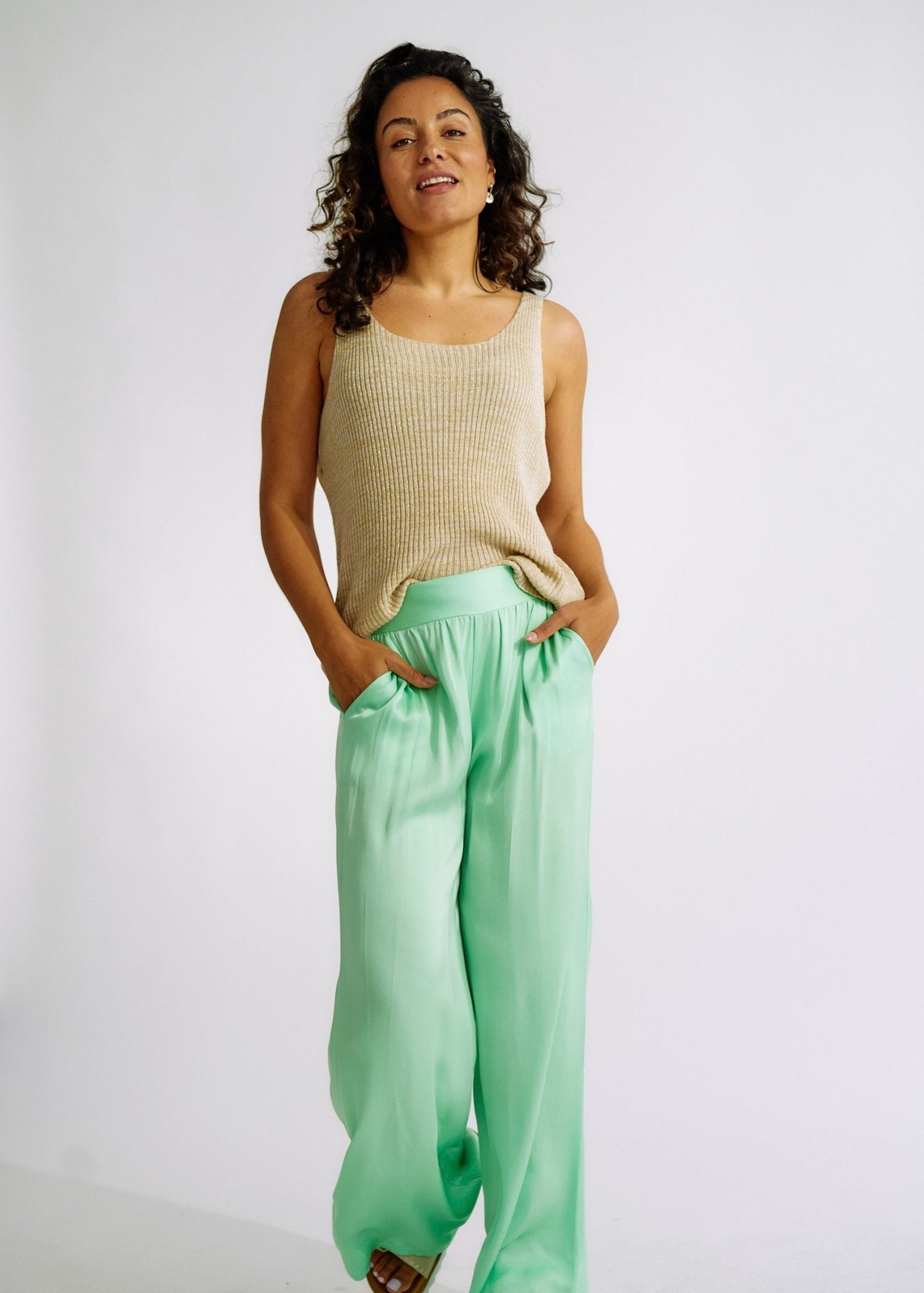 View our Italian Satin Palazzo Pants Green - The ultimate BOTTOMS created by TRIBUTE and sold here, at Tribute Store