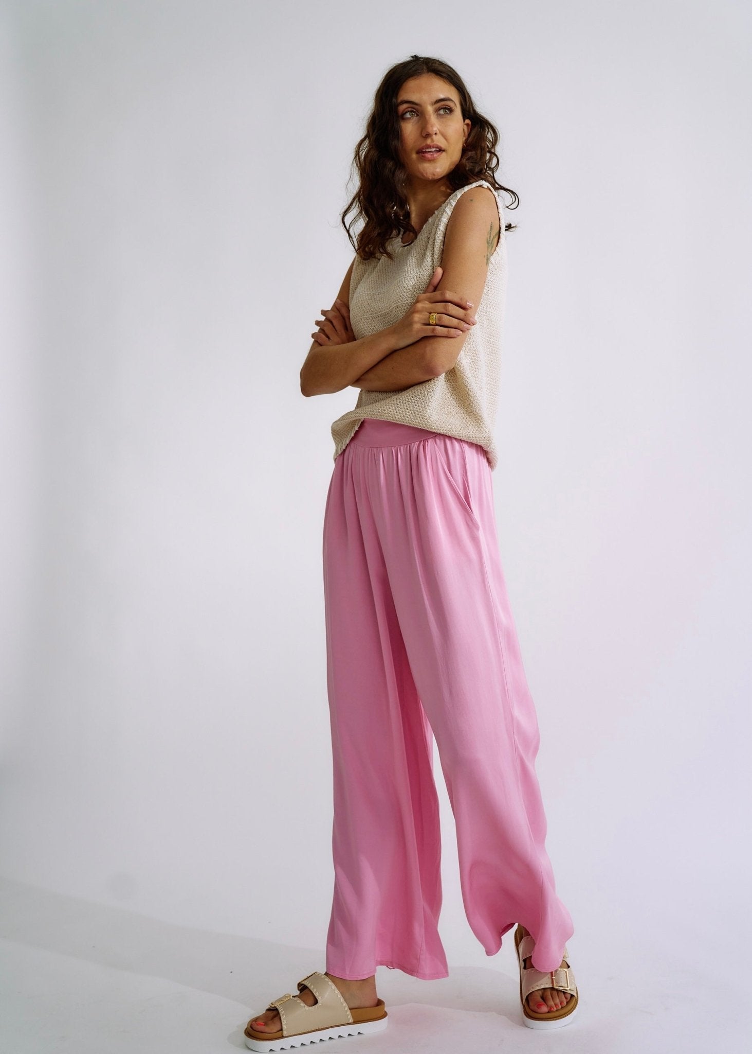 View our Italian Satin Palazzo Pants in Soft Pink - The ultimate BOTTOMS created by TRIBUTE and sold here, at Tribute Store