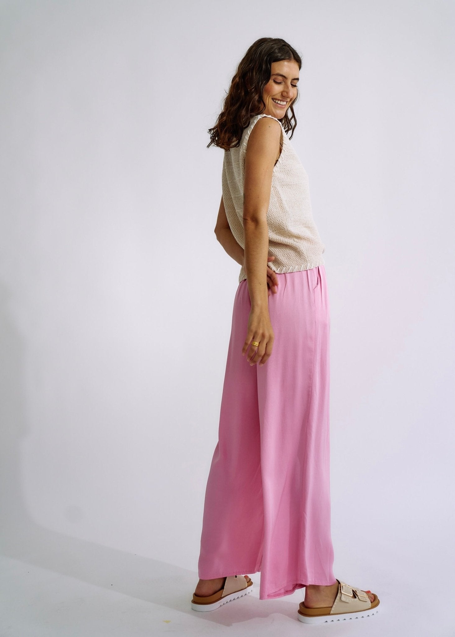View our Italian Satin Palazzo Pants in Soft Pink - The ultimate BOTTOMS created by TRIBUTE and sold here, at Tribute Store
