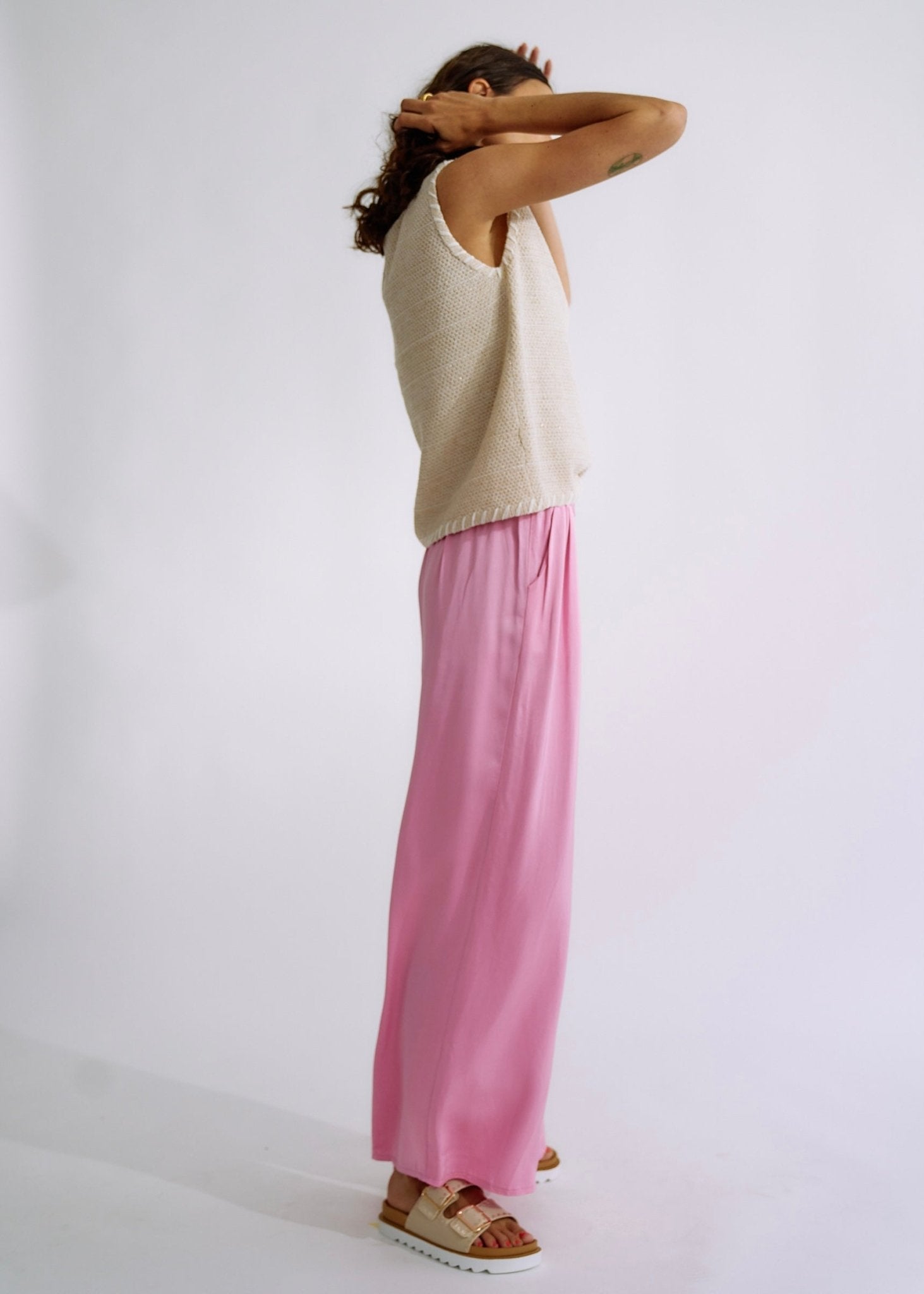 View our Italian Satin Palazzo Pants in Soft Pink - The ultimate BOTTOMS created by TRIBUTE and sold here, at Tribute Store
