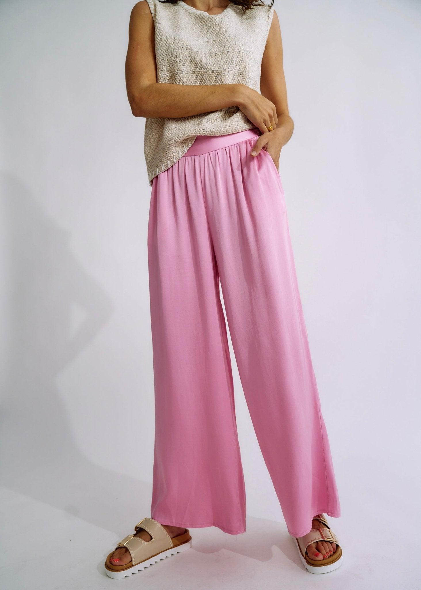 View our Italian Satin Palazzo Pants in Soft Pink - The ultimate BOTTOMS created by TRIBUTE and sold here, at Tribute Store