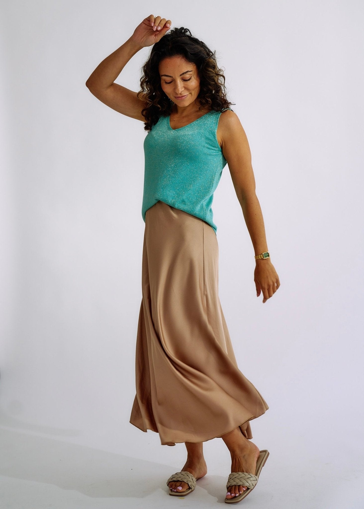 View our Italian Satin Skirt in Taupe - The ultimate BOTTOMS created by TRIBUTE and sold here, at Tribute Store