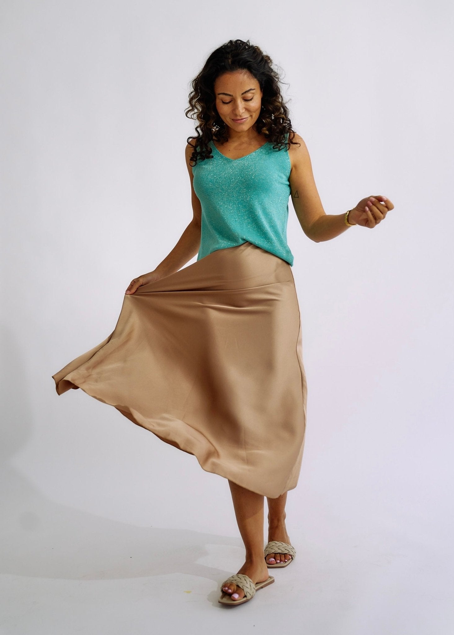 View our Italian Satin Skirt in Taupe - The ultimate BOTTOMS created by TRIBUTE and sold here, at Tribute Store