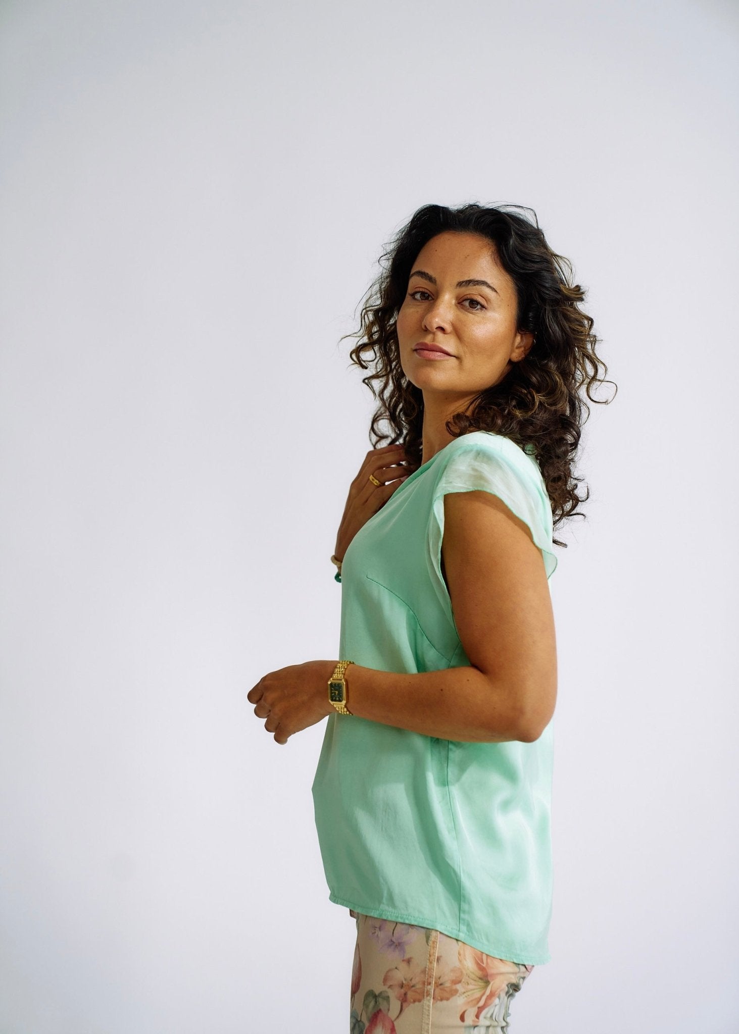 View our Italian Satin V Neck tee with Silk Trims in Aqua - The ultimate TOPS created by TRIBUTE and sold here, at Tribute Store