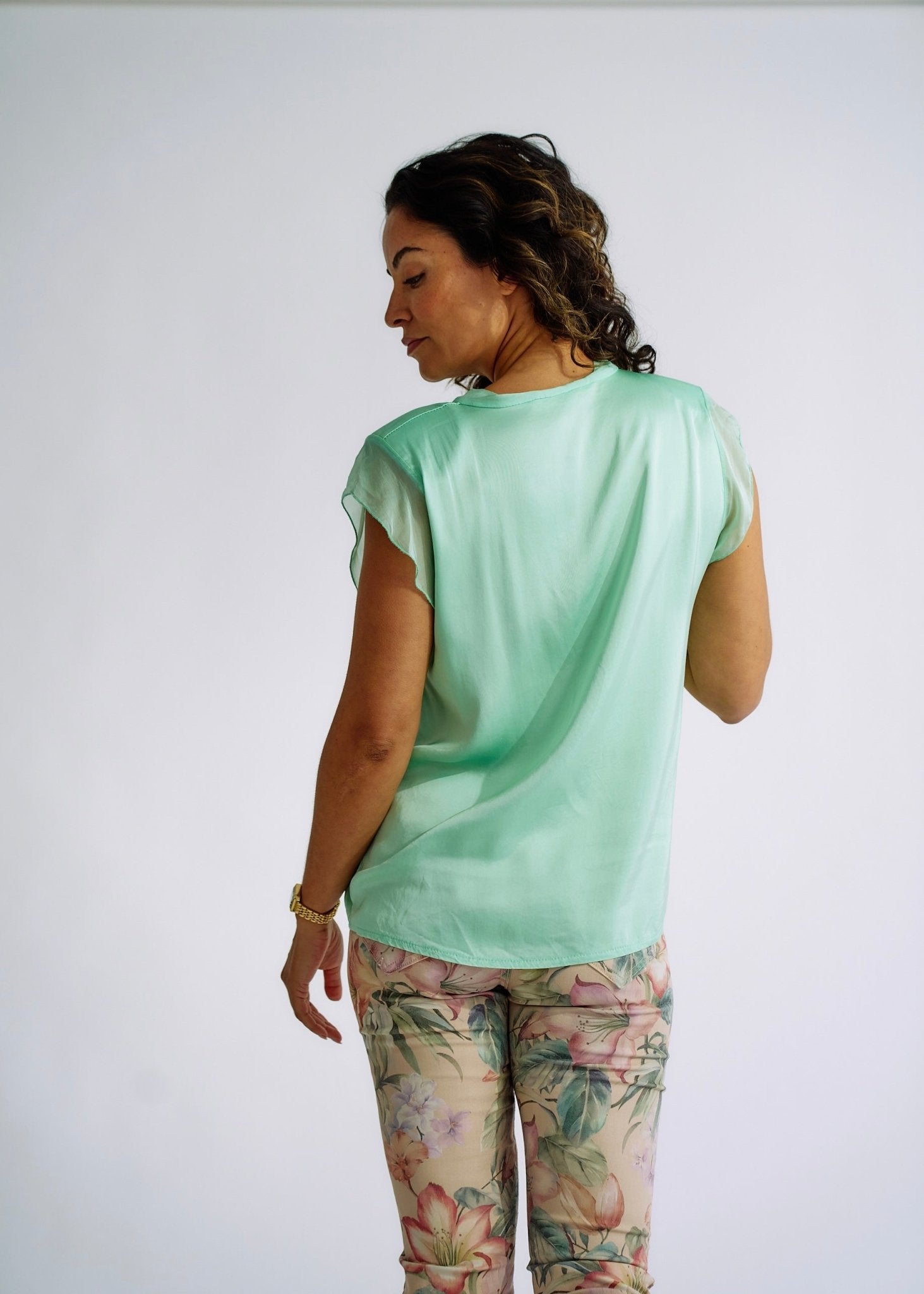 View our Italian Satin V Neck tee with Silk Trims in Aqua - The ultimate TOPS created by TRIBUTE and sold here, at Tribute Store
