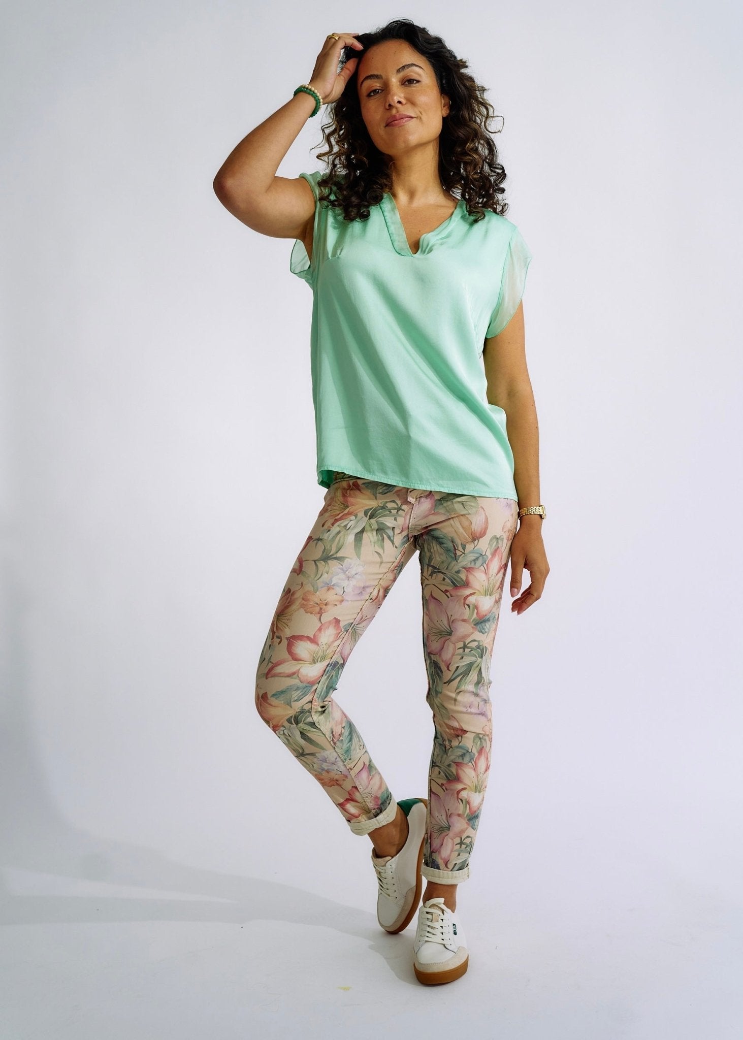 View our Italian Satin V Neck tee with Silk Trims in Aqua - The ultimate TOPS created by TRIBUTE and sold here, at Tribute Store